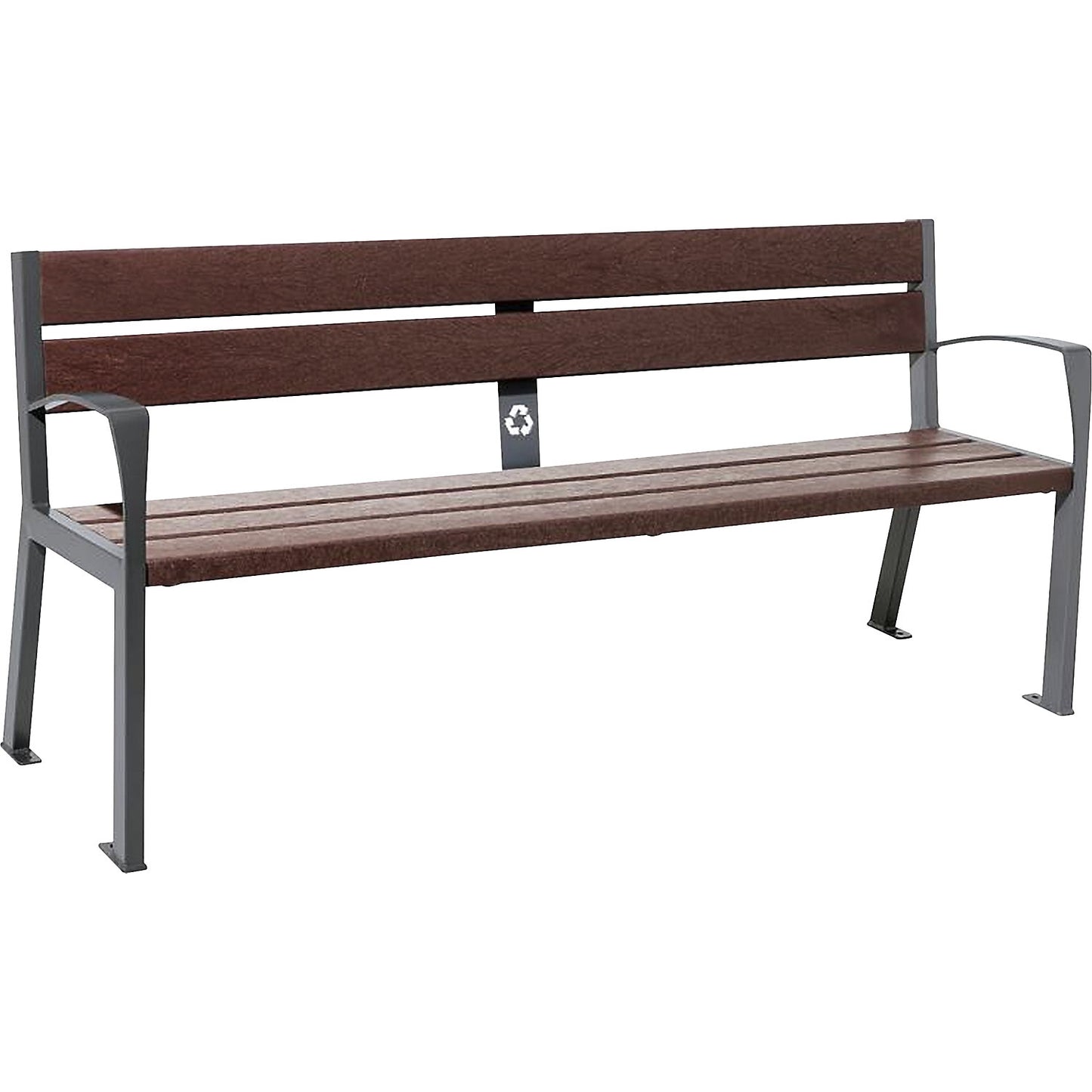 SILAOS® bench made of recycled plastic, with back rest, charcoal, brown, standard arm rests, 5 seat and back rest planks.