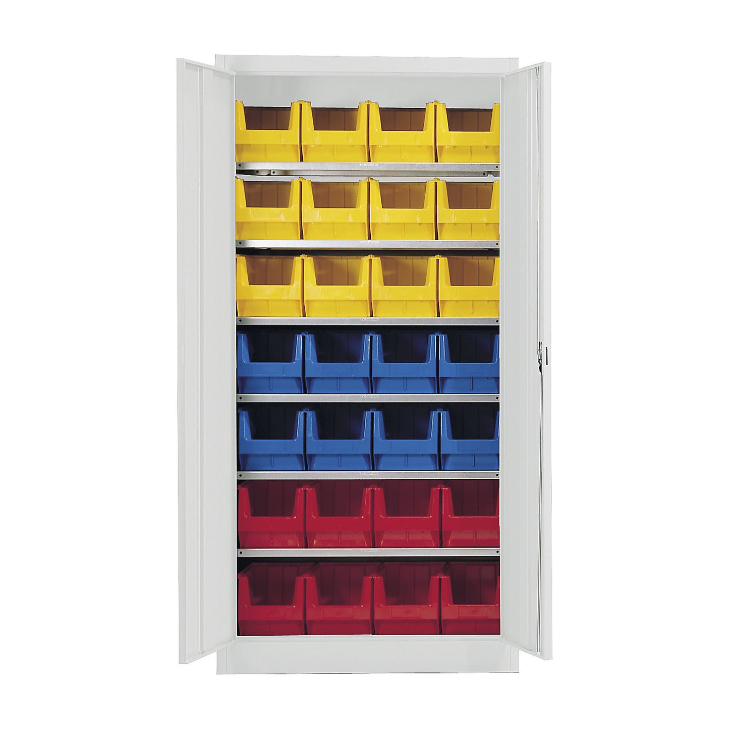 Storage cupboard, single colour, with 28 open fronted storage bins, 6 shelves, grey.