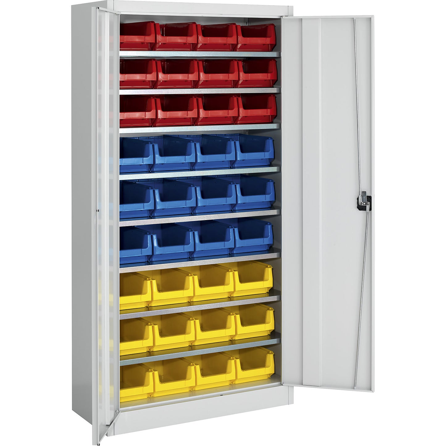 Storage cupboard, single colour, with 36 open fronted storage bins, 8 shelves, grey.