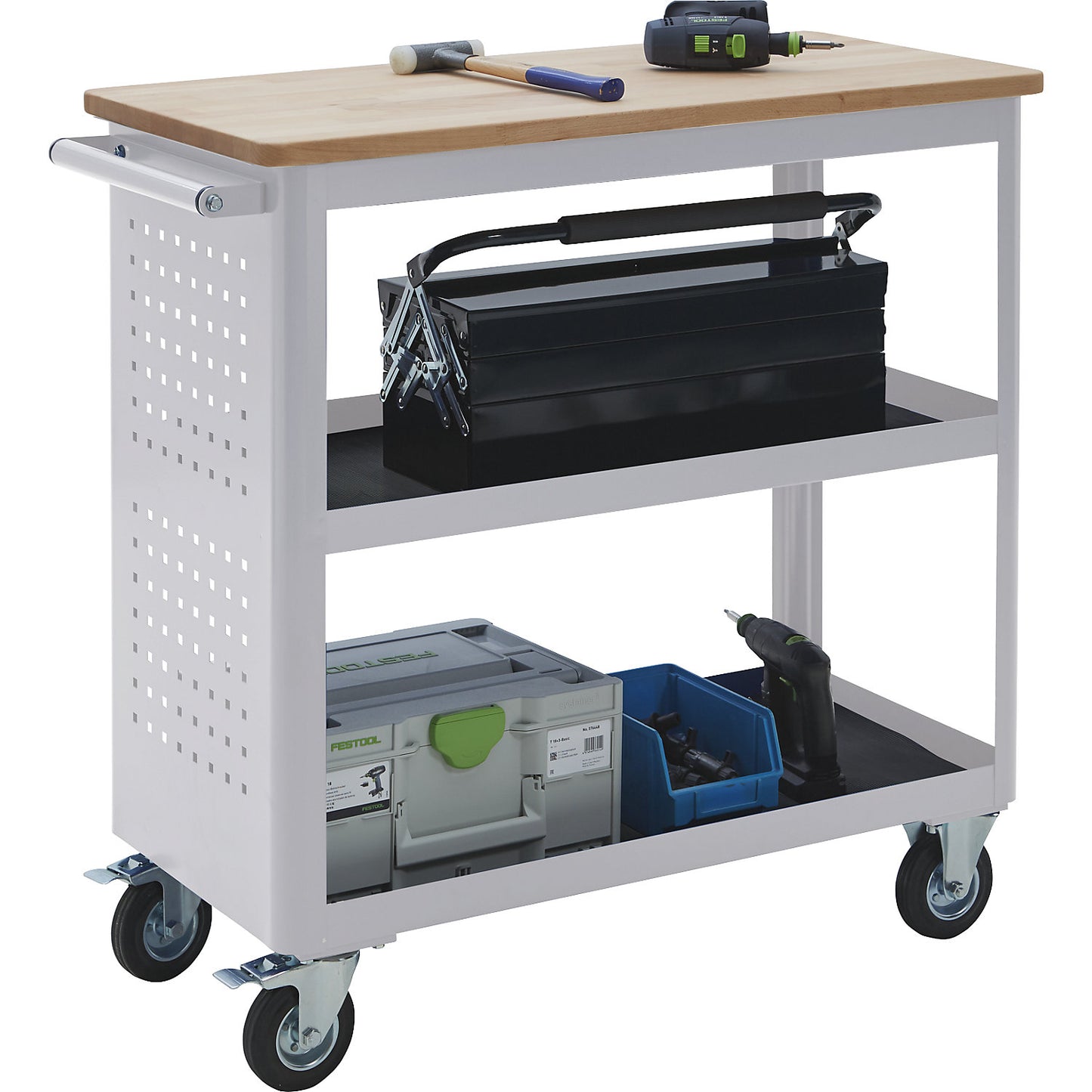 Tool trolley, width 965 mm, 2 full length shelves, light grey.