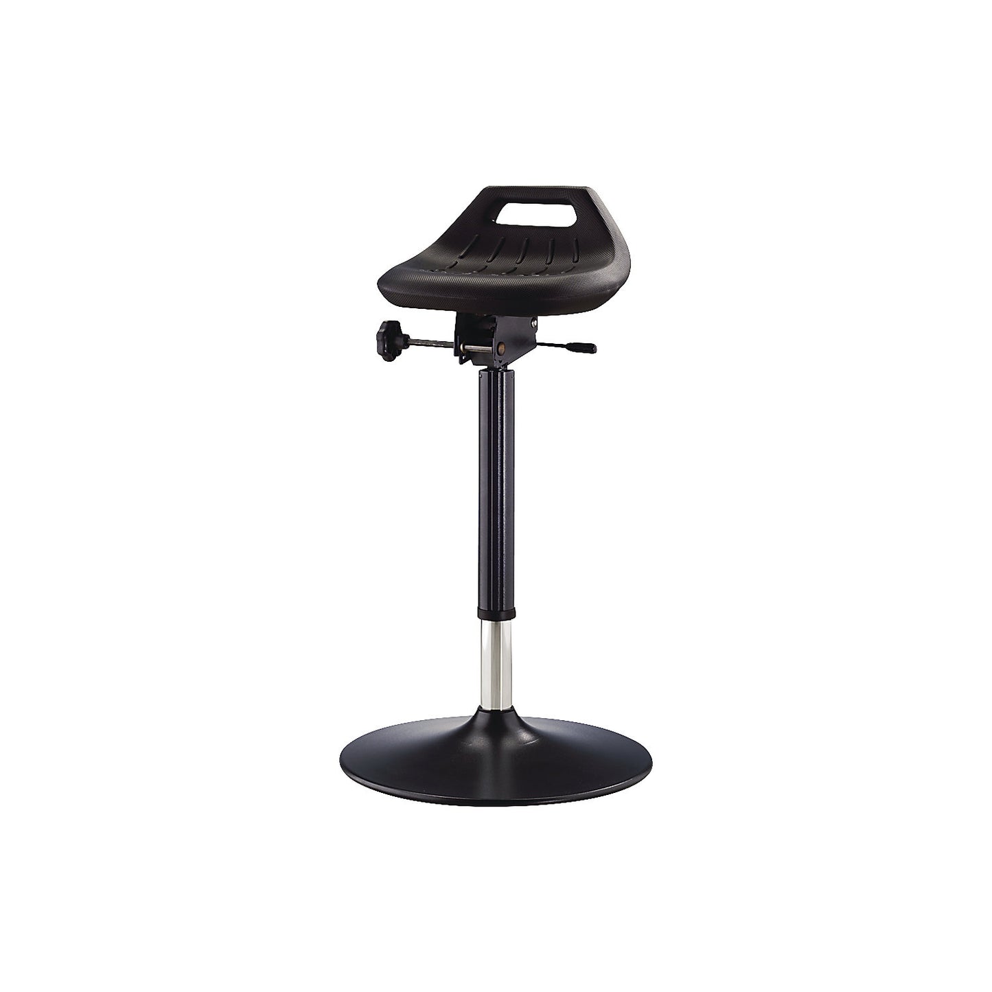 Industrial anti-fatigue stool, with round base, seat rotates through 360°.