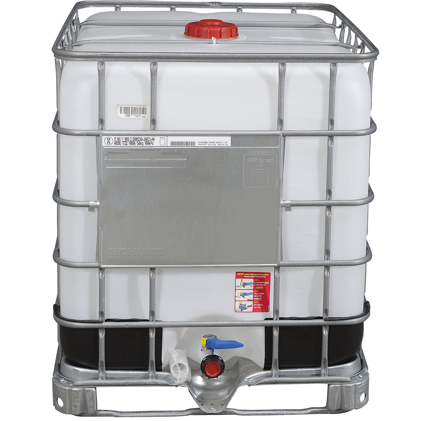 RECOBULK IBC container, capacity 1000 l, on steel frame pallet, NW opening 150 mm / NW outlet 50 mm.