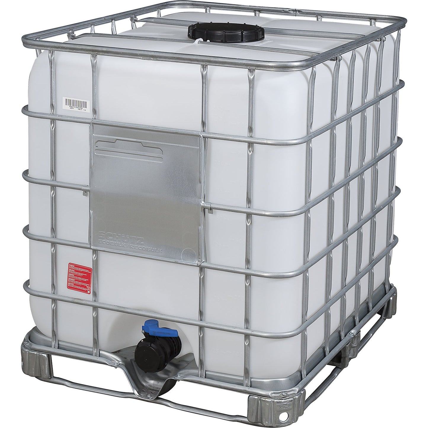 RECOBULK IBC container, capacity 1000 l, on steel frame pallet, NW opening 225 mm / NW outlet 80 mm.