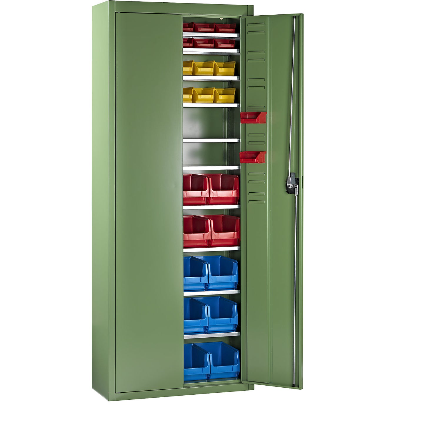 Storage cupboard with open fronted storage bins, HxWxD 1740 x 680 x 280 mm, 48 bins, single colour, reseda green.