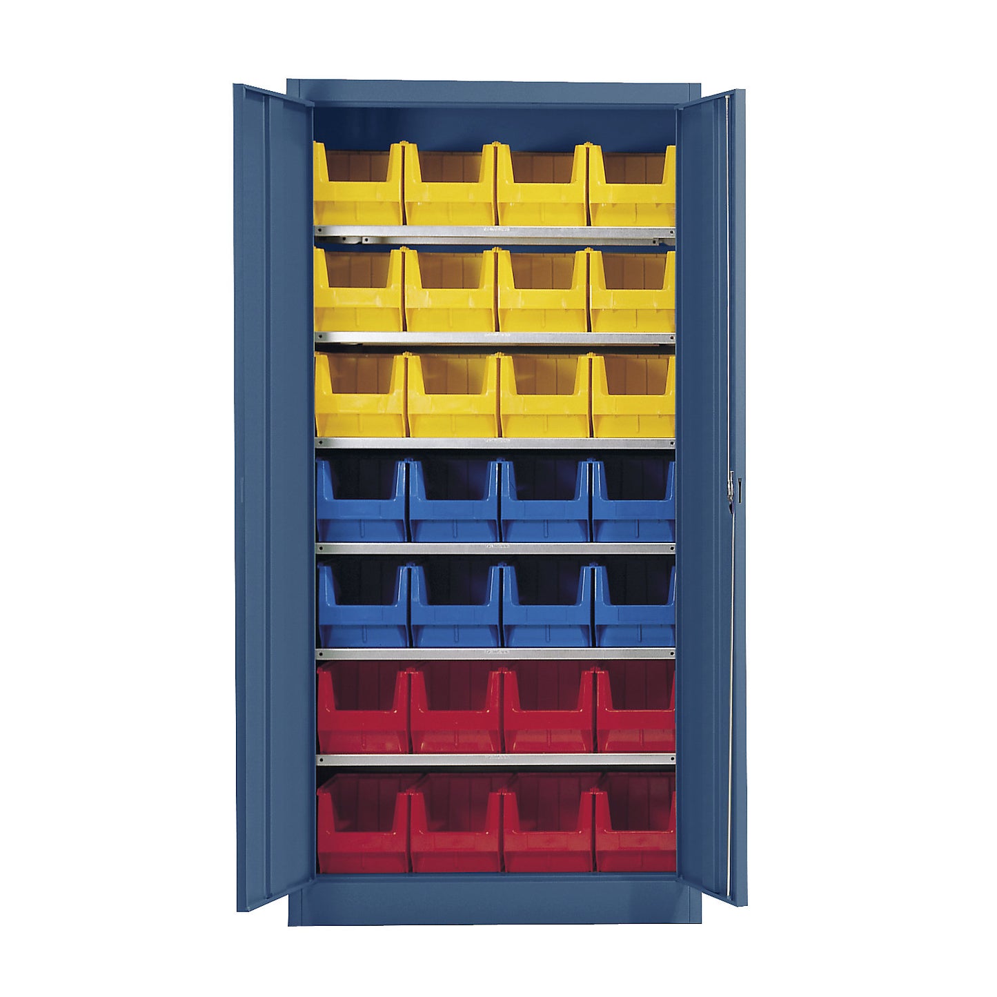 Storage cupboard, single colour, with 28 open fronted storage bins, 6 shelves, blue.