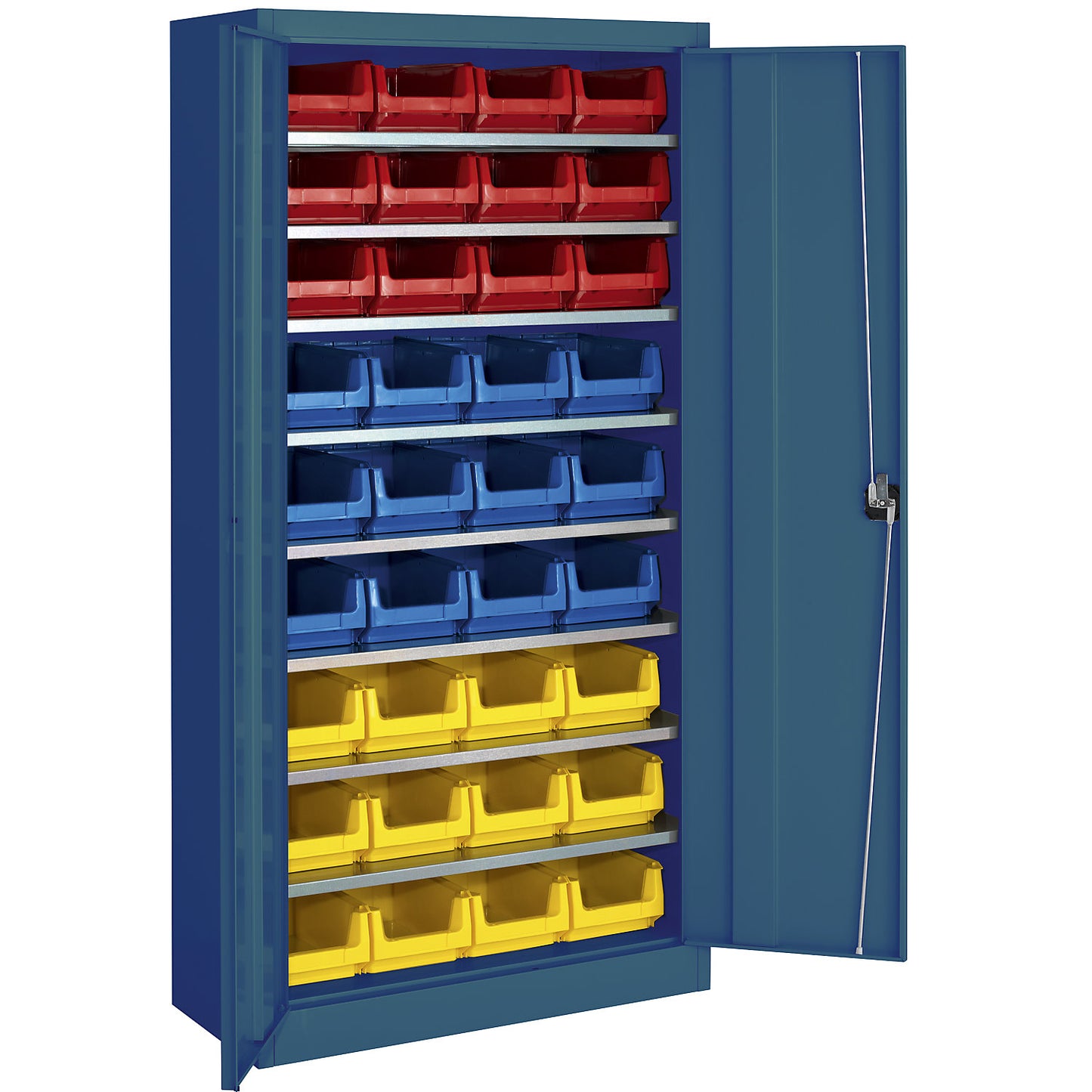 Storage cupboard, single colour, with 36 open fronted storage bins, 8 shelves, blue.