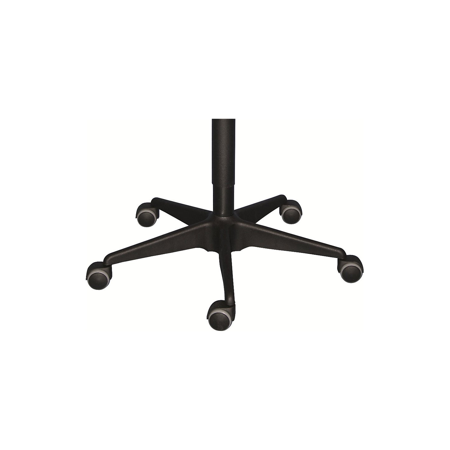 Industrial stool with gas lift height adjustment, tubular steel five-star base with castors, polyurethane foam seat in black.