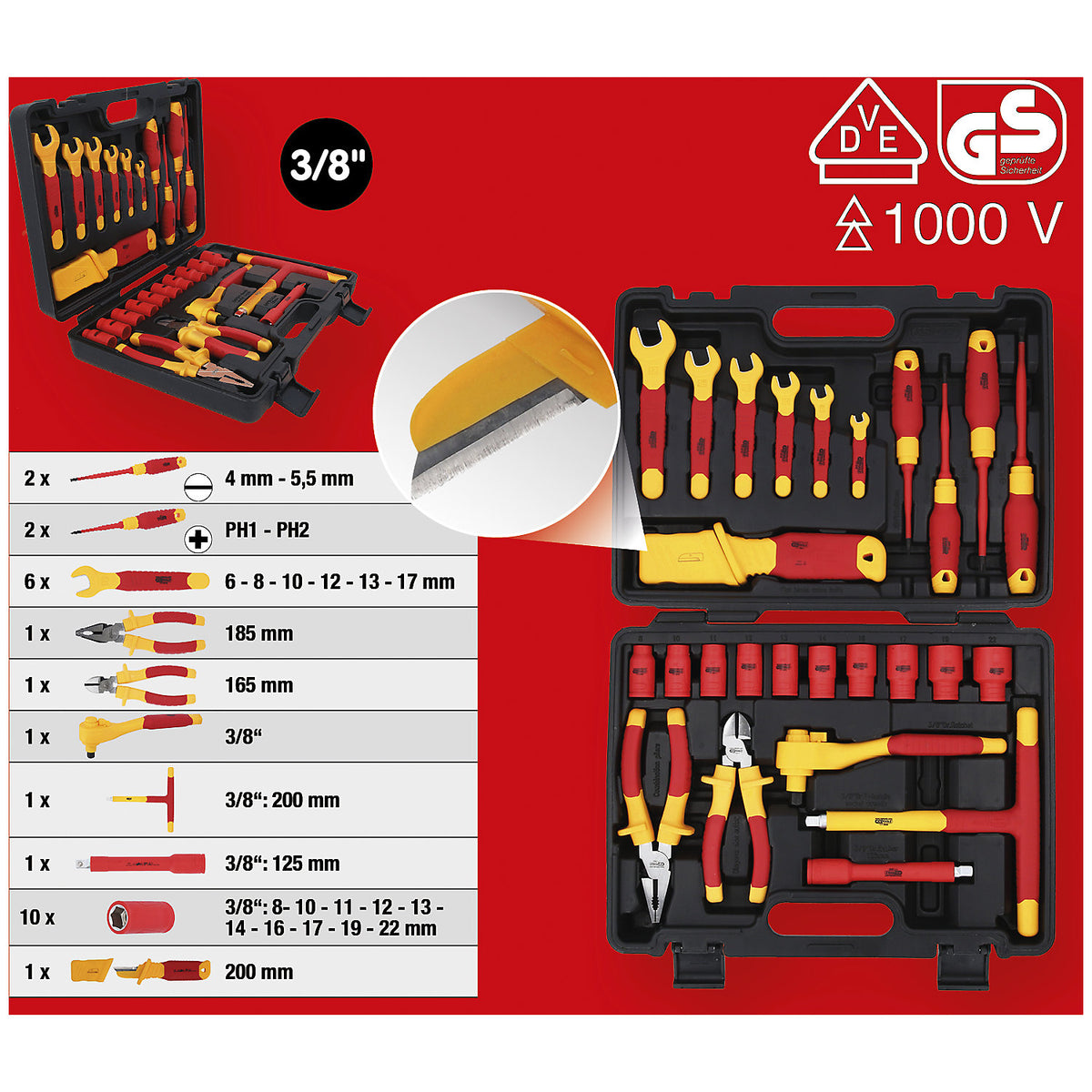 Insulated tool set, for hybrid and electric vehicles, 26 pieces.