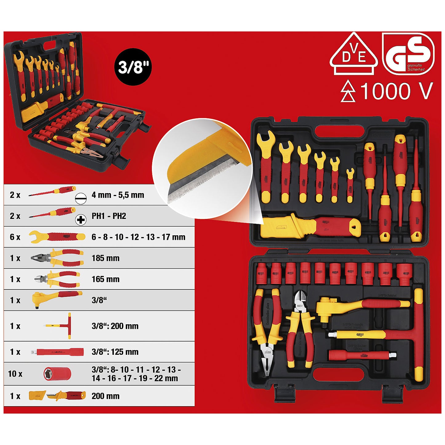 Insulated tool set, for hybrid and electric vehicles, 26 pieces.
