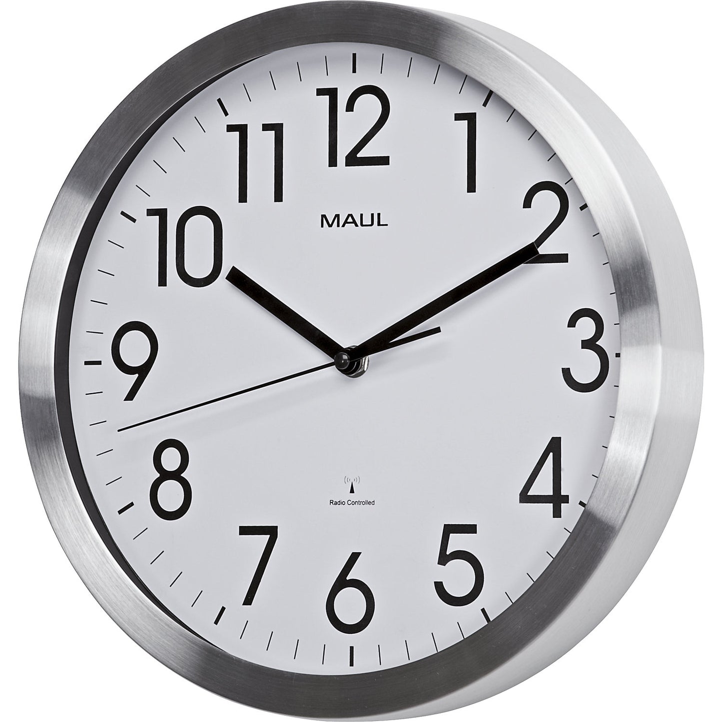 MAULmove wall clock, brushed aluminium, Ø 305 mm, radio synchronised time keeping mechanism.