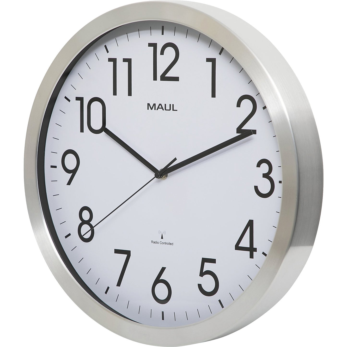MAULmove wall clock, brushed aluminium, Ø 400 mm, radio synchronised time keeping mechanism.