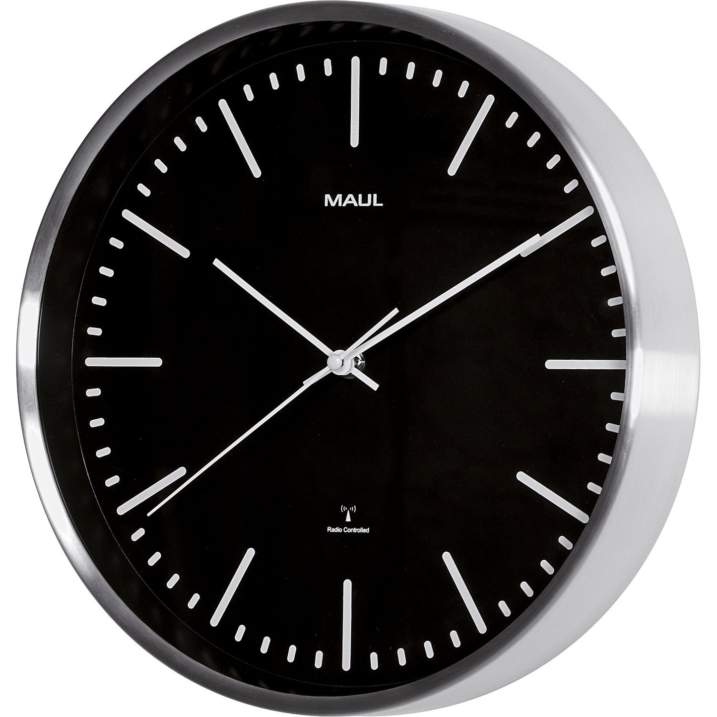 MAULfly wall clock, brushed aluminium, Ø 305 mm, radio synchronised time keeping mechanism, black.