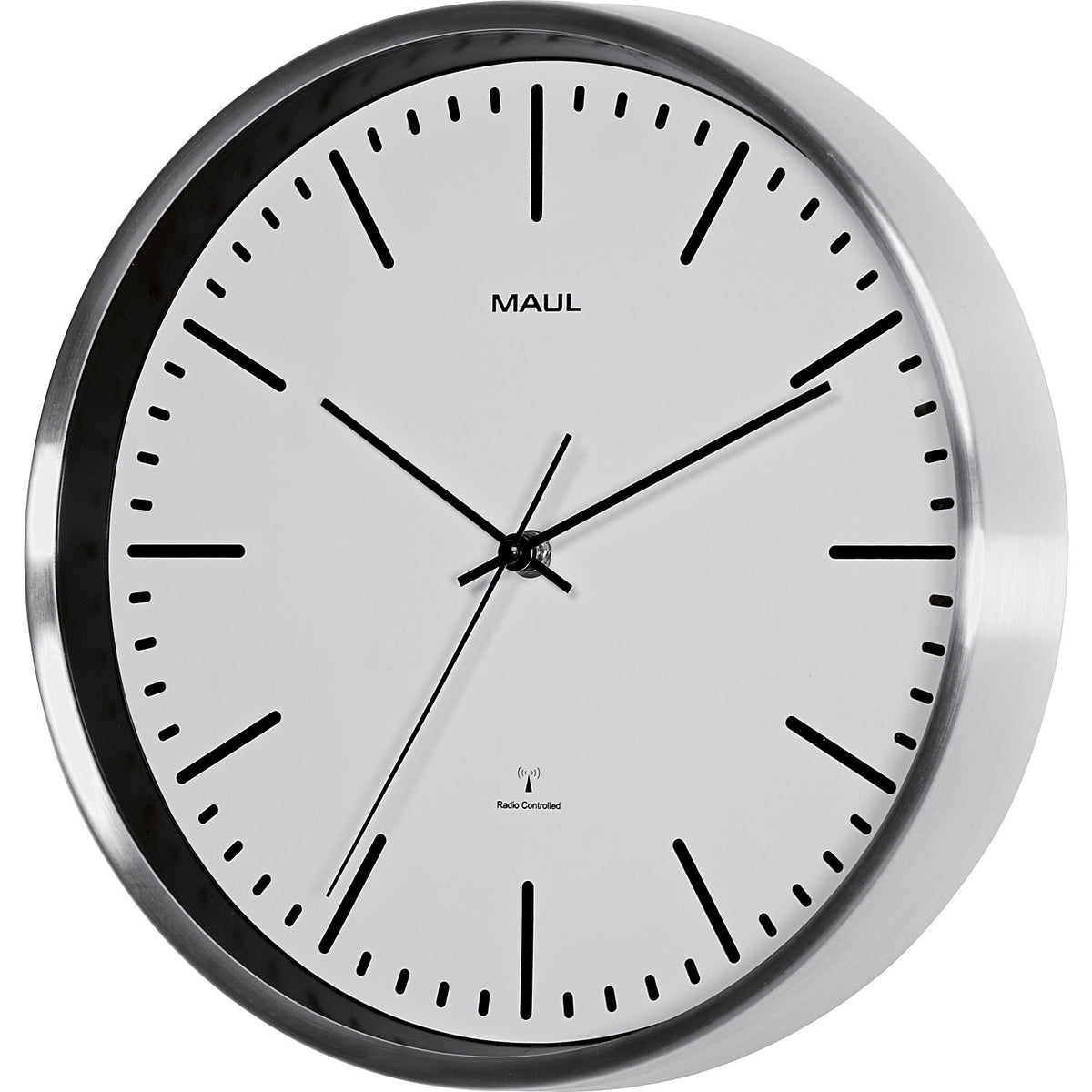 MAULfly wall clock, brushed aluminium, Ø 305 mm, radio synchronised time keeping mechanism, white.