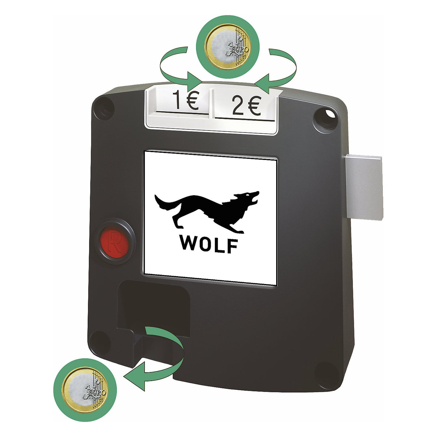 SAFE-O-MAT deposit lock, 2 coin slots, Promax security cylinder lock, 1 user key per lock, extra cost.