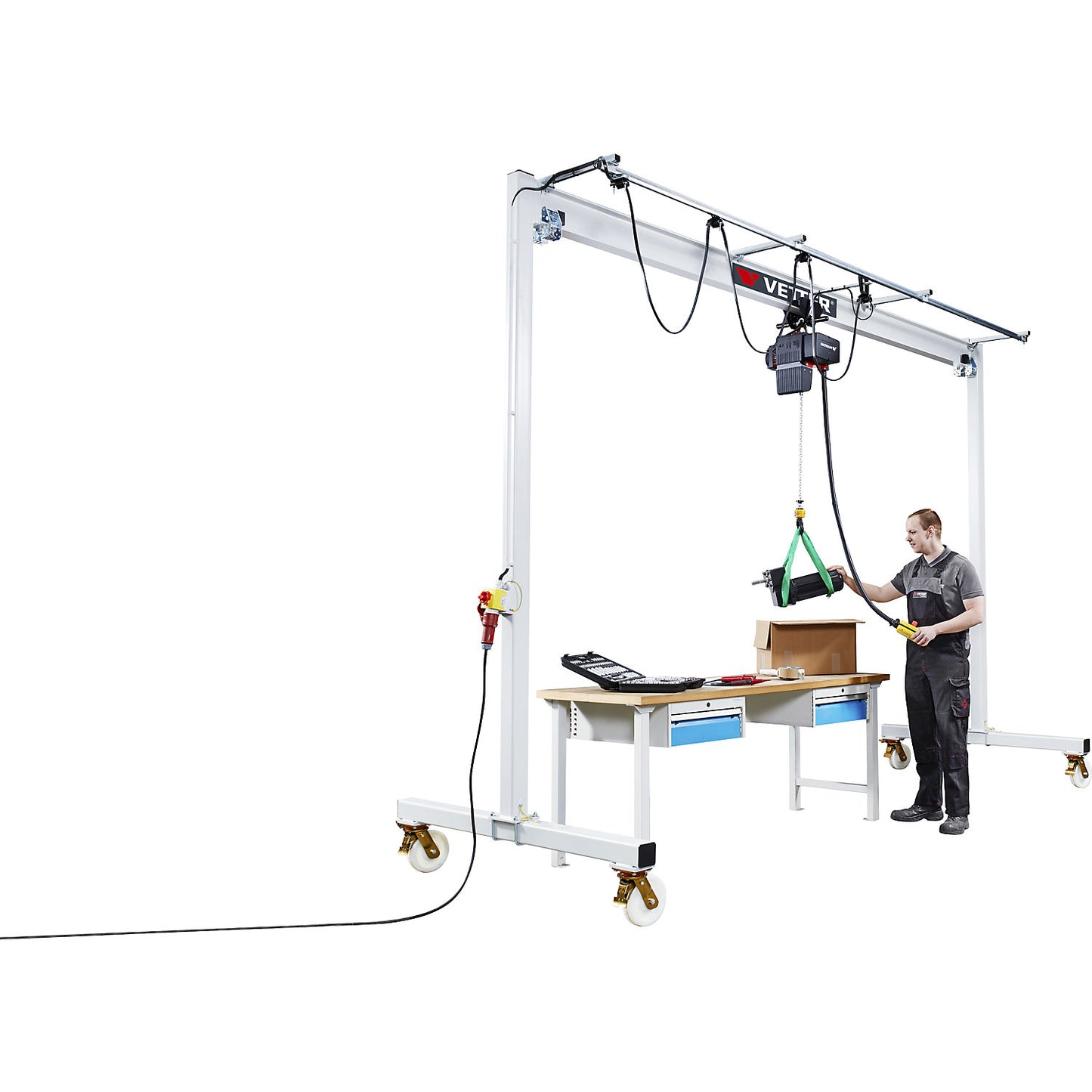 Steel mobile gantry crane PA, electric chain hoist and manual drive trolley, max. load 1000 kg, clearance width 6000 mm.