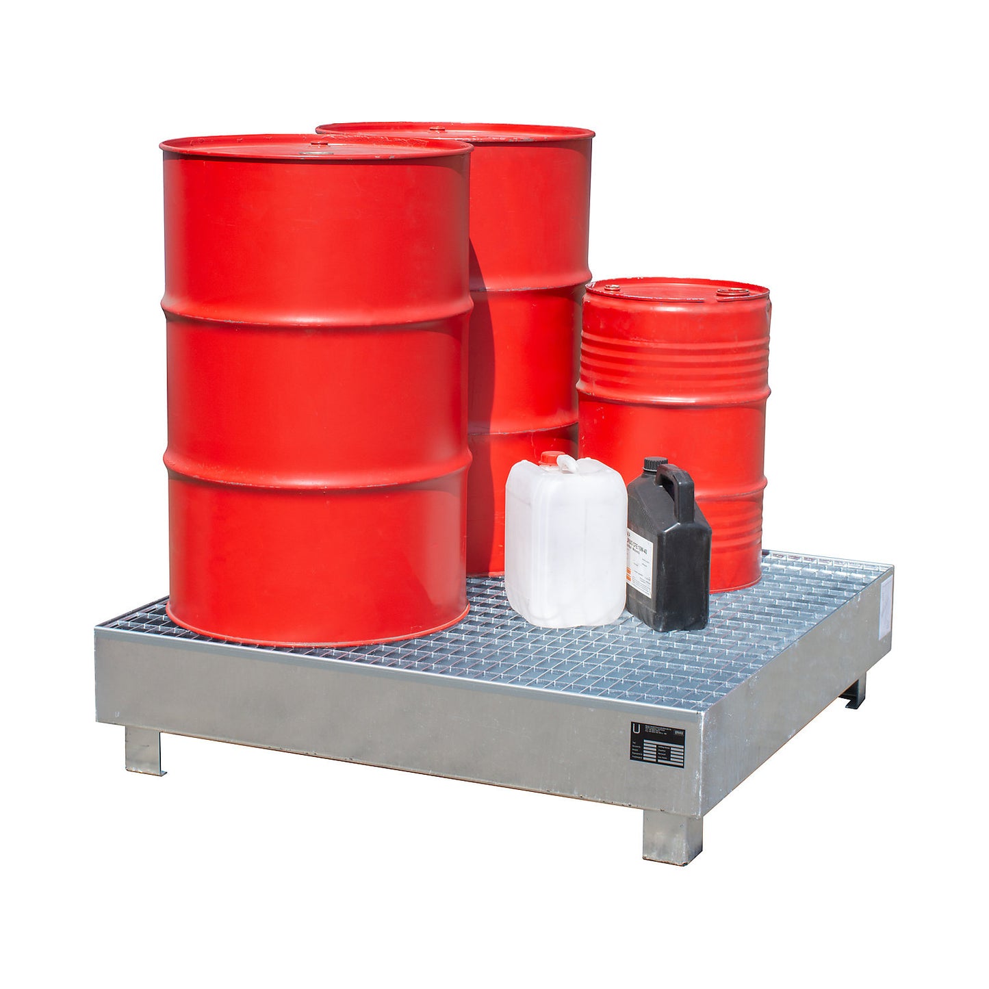 Steel sump tray, LxW 1200 x 1200 mm, collection capacity 216 l, with grate.