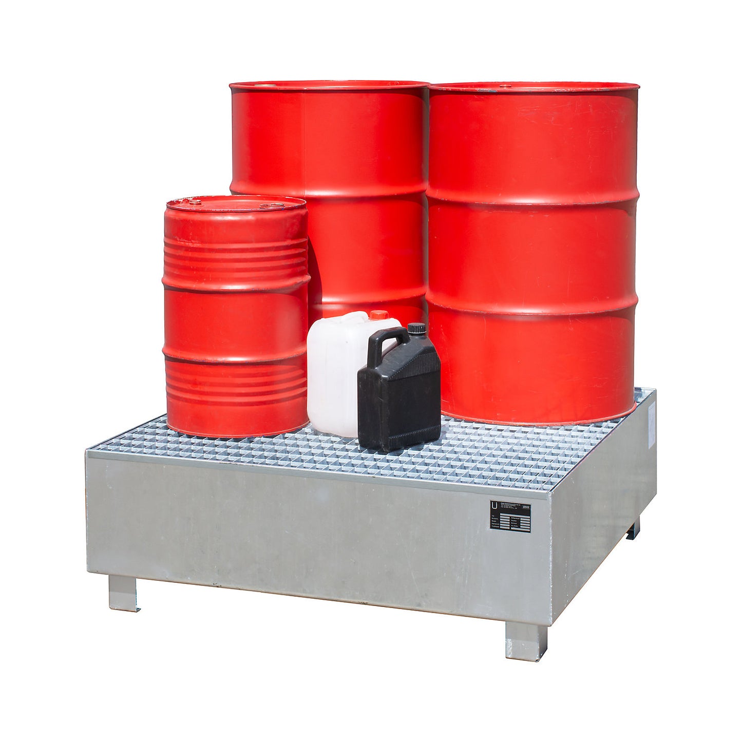 Steel sump tray, LxWxH 1200 x 1200 x 415 mm, collection capacity 401 l, with grate.