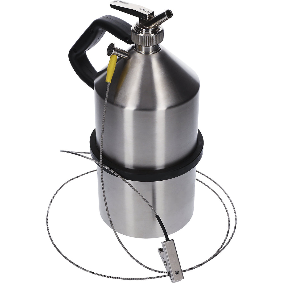 Stainless steel safety dispensing container, with fine dosage tap and earth connection, capacity 5 l.