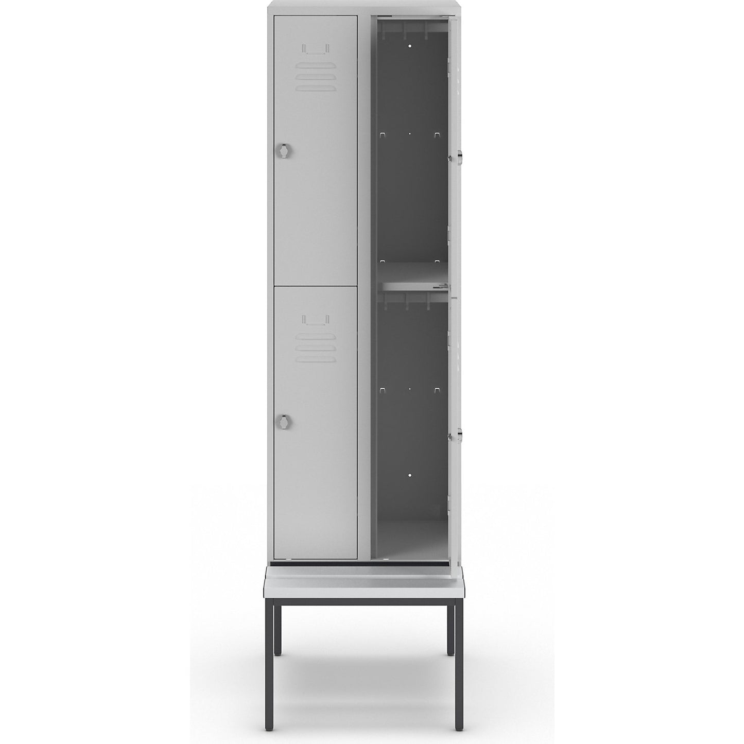 Berlin 2 double deck clothes locker with bench seat, 2 sections, light grey, width 600 mm, 4 compartments.