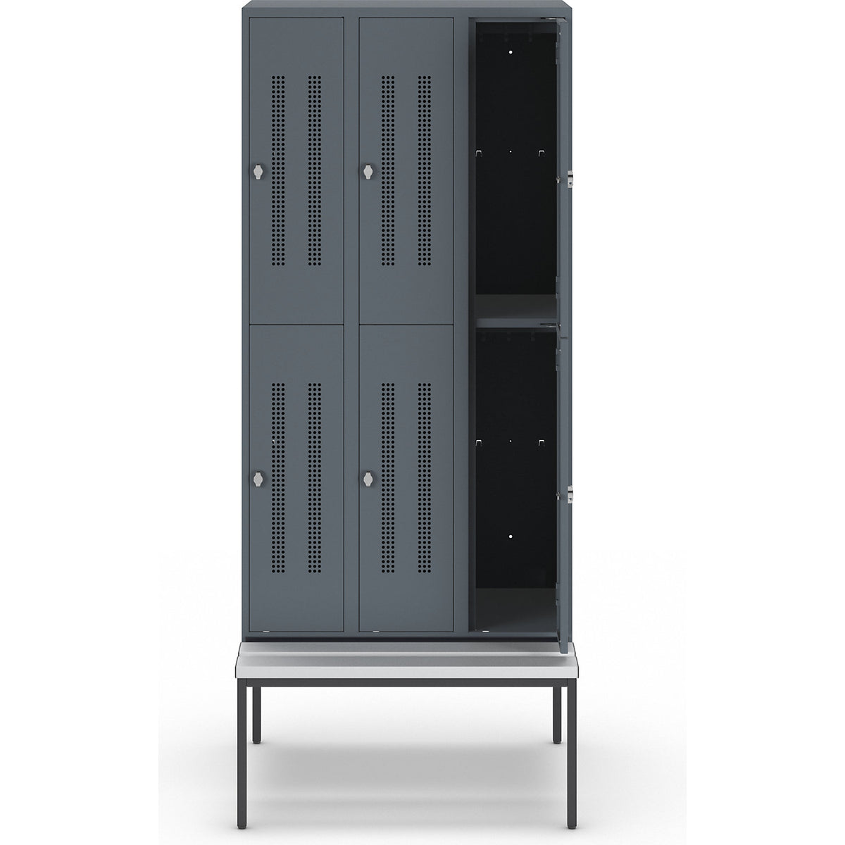 Berlin 1 double deck clothes locker with bench seat, 3 sections, blue grey, width 900 mm, 6 compartments.