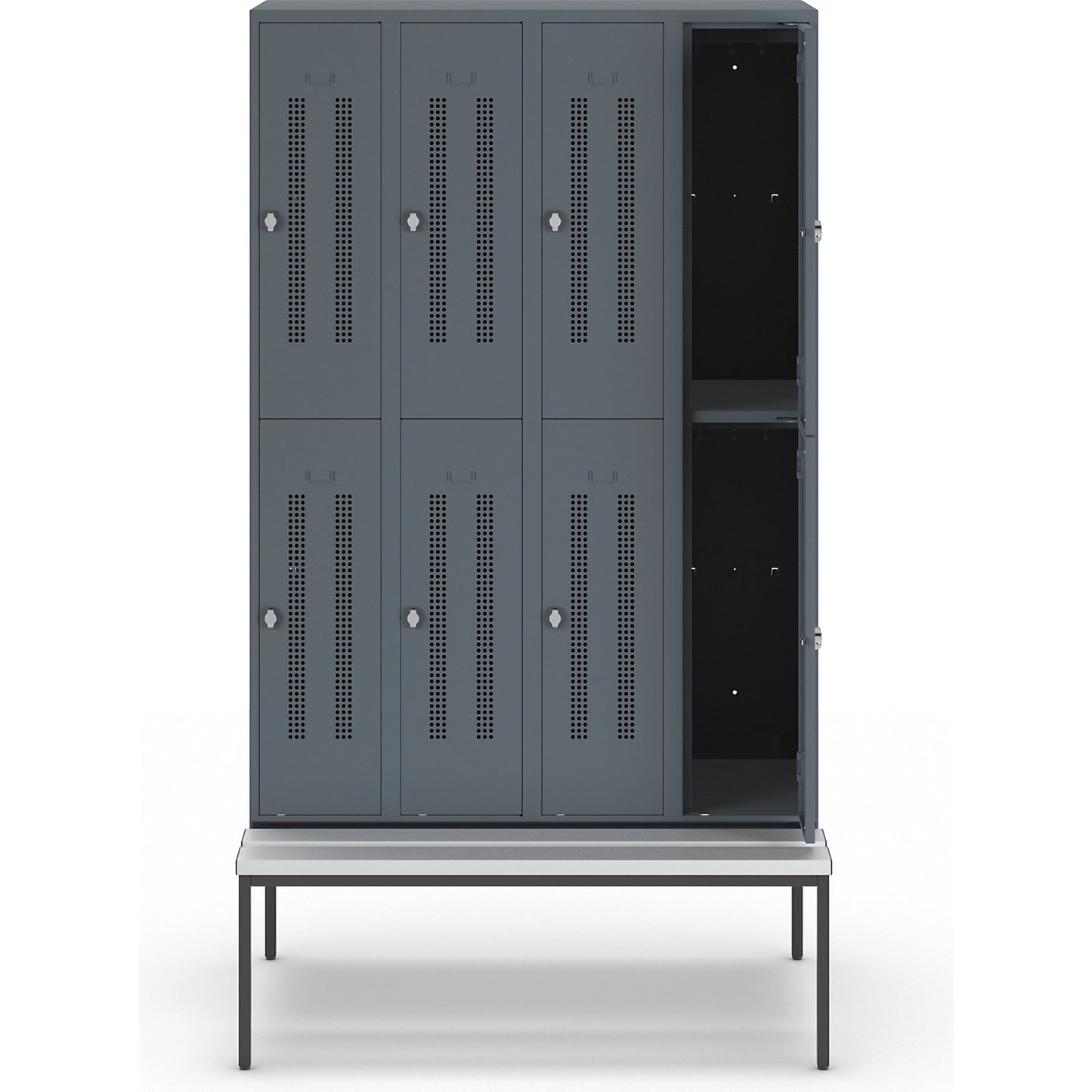 Berlin 1 double deck clothes locker with bench seat, 4 sections, blue grey, width 1200 mm, 8 compartments.