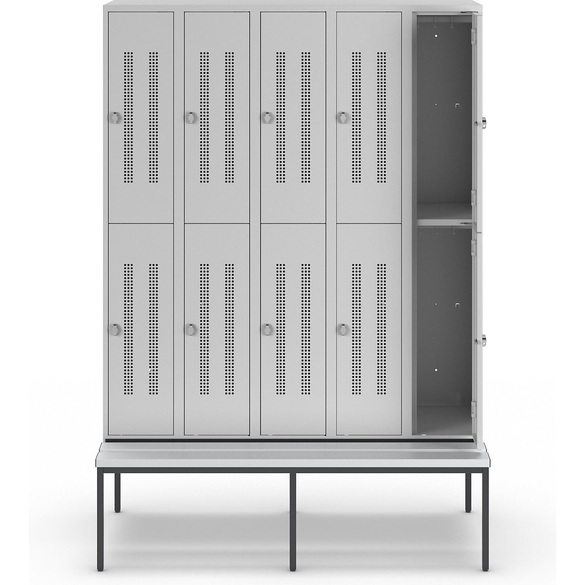 Berlin 1 double deck clothes locker with bench seat, 5 sections, light grey, width 1500 mm, 10 compartments.