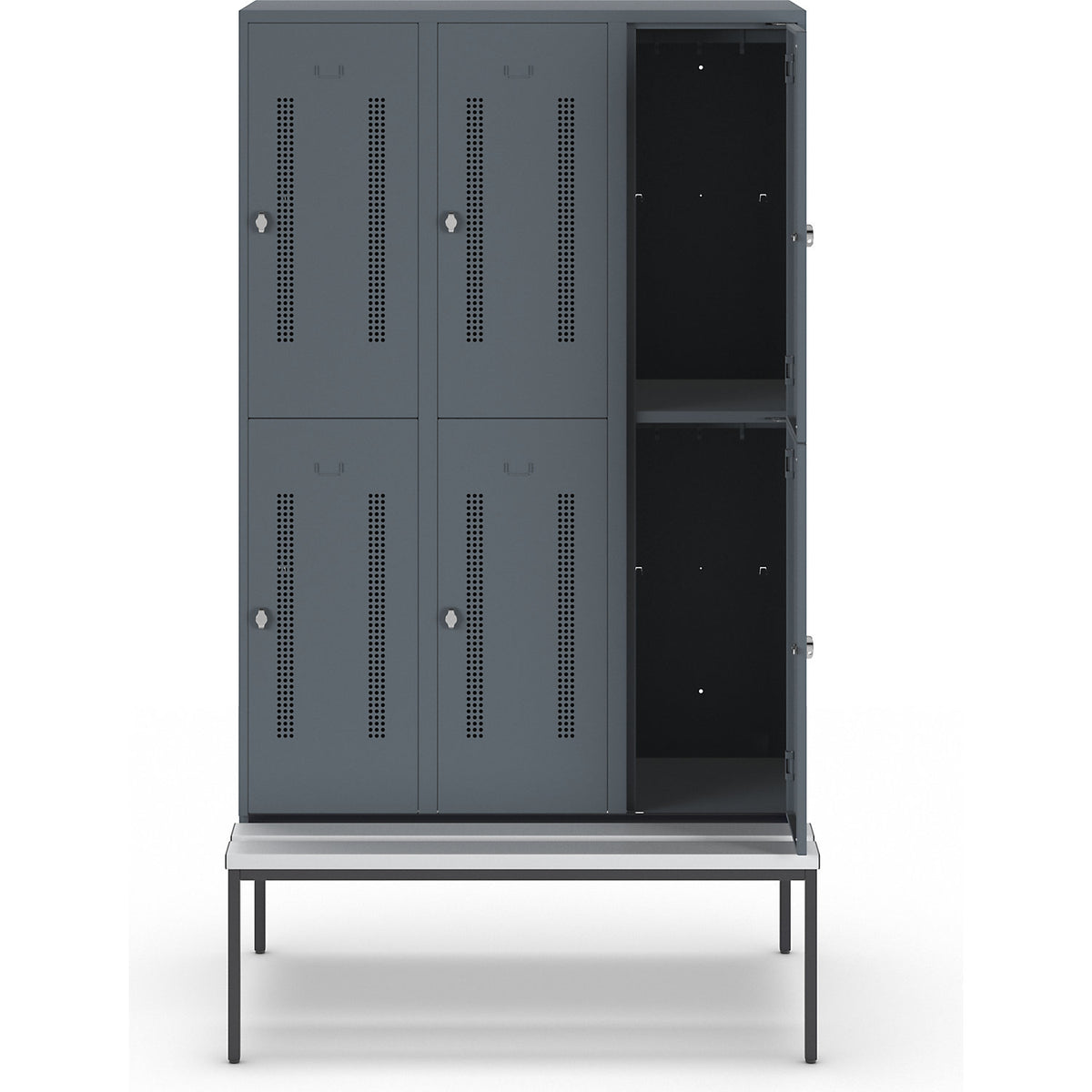 Berlin 1 double deck clothes locker with bench seat, 3 sections, blue grey, width 1200 mm, 6 compartments.