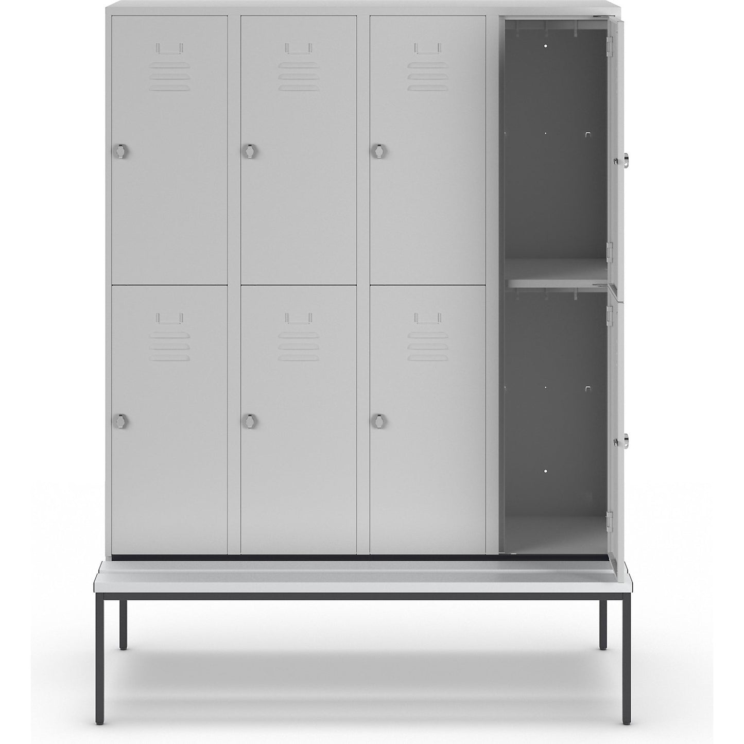 Berlin 2 double deck clothes locker with bench seat, 4 sections, light grey, width 1600 mm, 8 compartments.