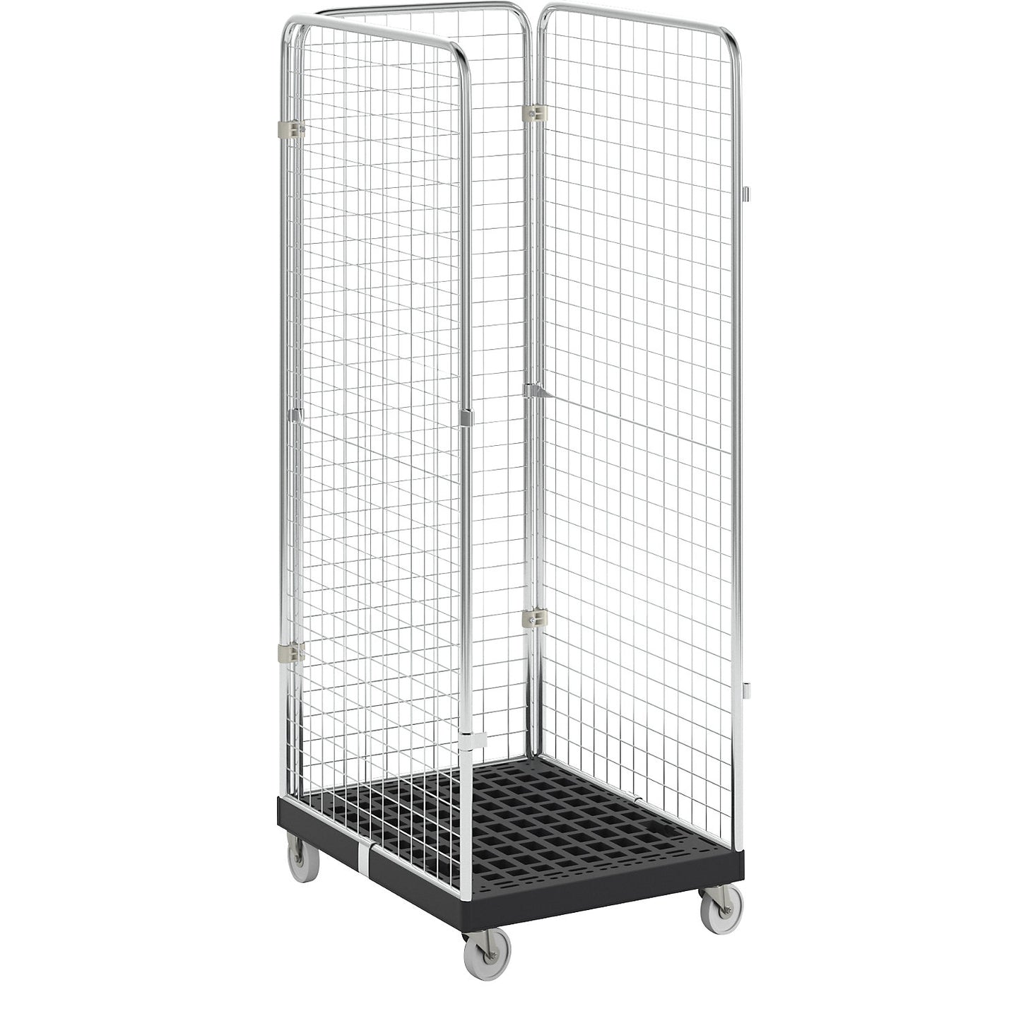 Roll container with mesh panels, 3-sided, black / zinc plated.