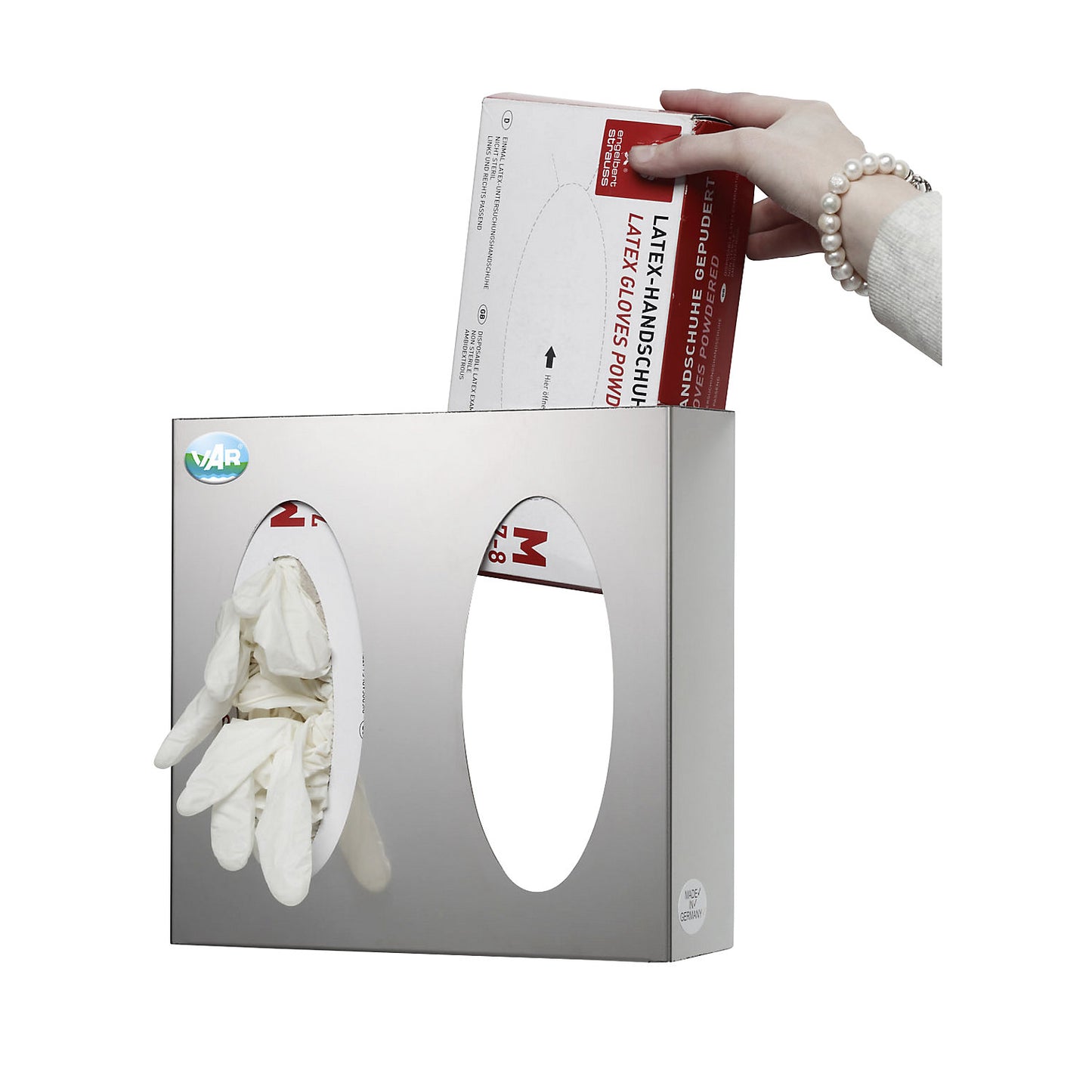 Wall dispenser, stainless steel, HxWxD 250 x 255 x 80 mm, 2 compartments.