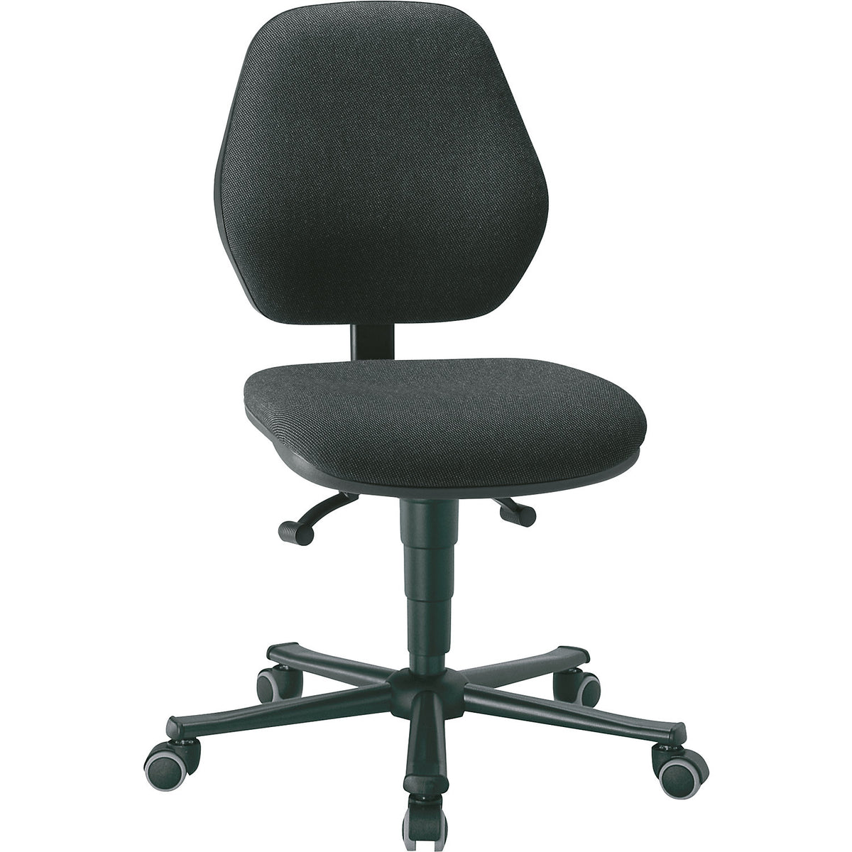 Industrial chair, permanent contact, with castors, fabric covering.