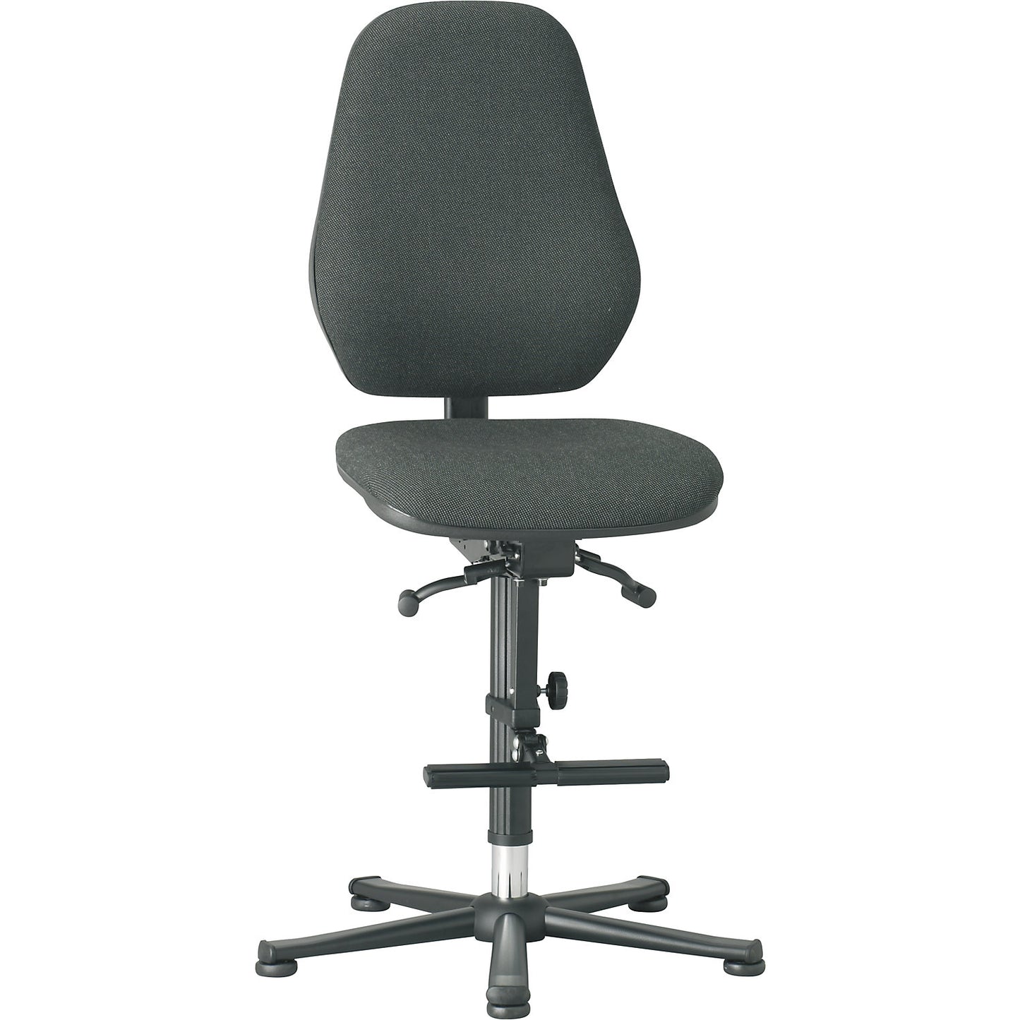 Industrial chair, synchronous mechanism, with floor glides and step, fabric covering.