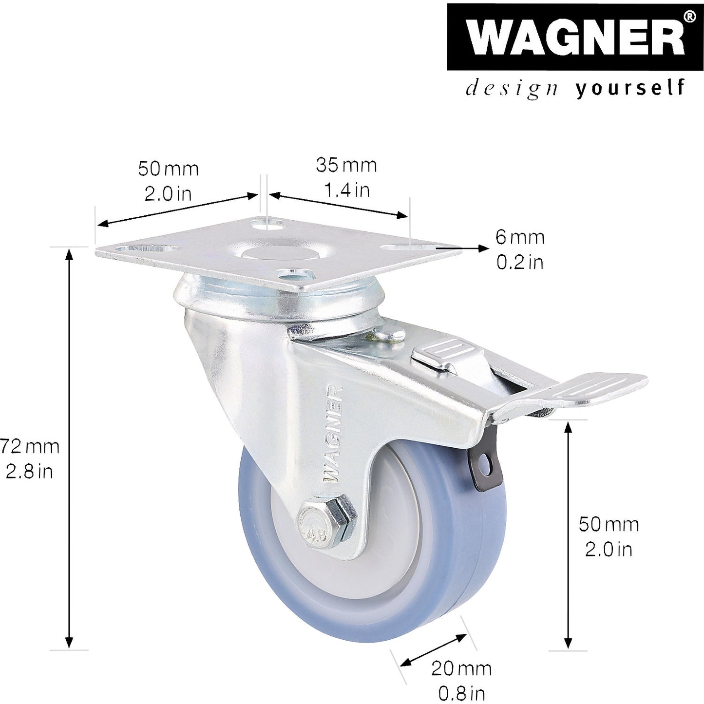 DELUXE light duty castors, wheel Ø 50 mm, pack of 4, swivel castor with wheel stop.