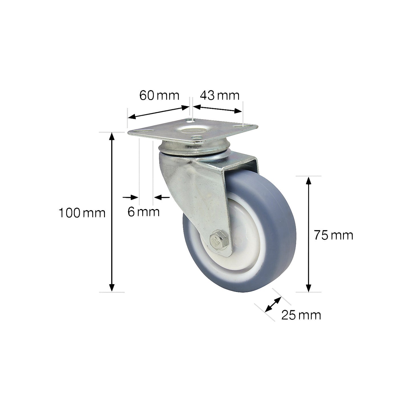 DELUXE light duty castors, wheel Ø 75 mm, pack of 4, swivel castor.