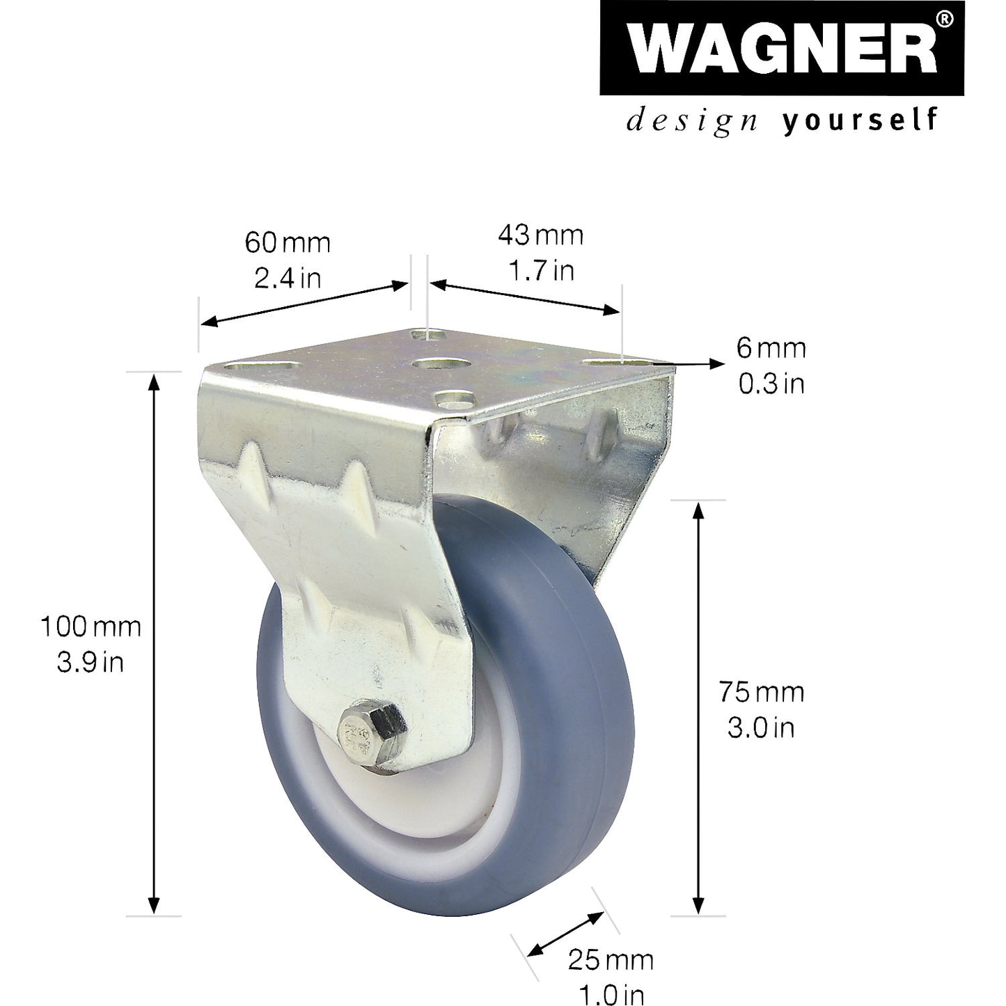 DELUXE light duty fixed castors, wheel Ø 75 mm, pack of 4, fixed castor.