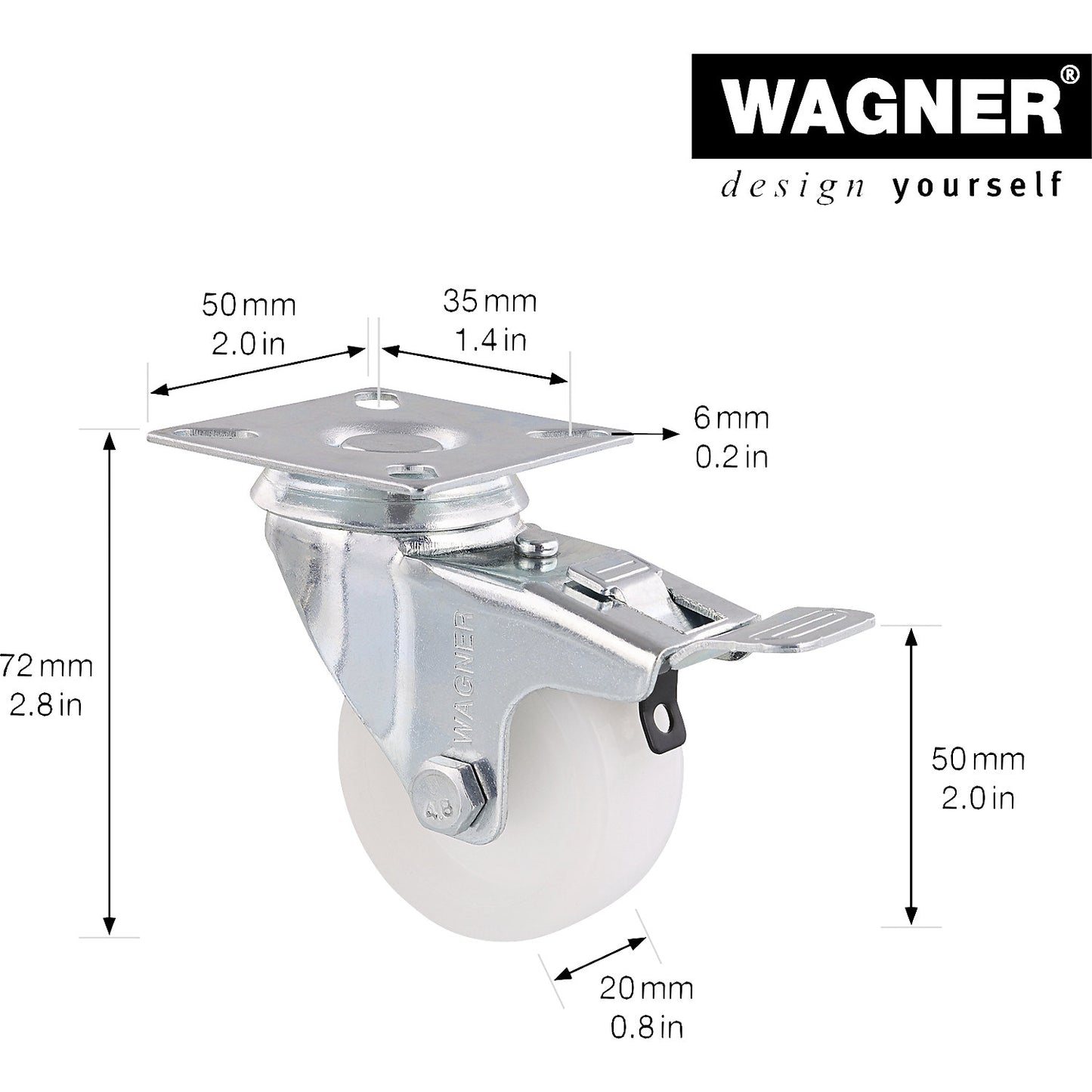 ECO light duty swivel castors, wheel Ø 50 mm, pack of 4, plastic, swivel castor with wheel stop.