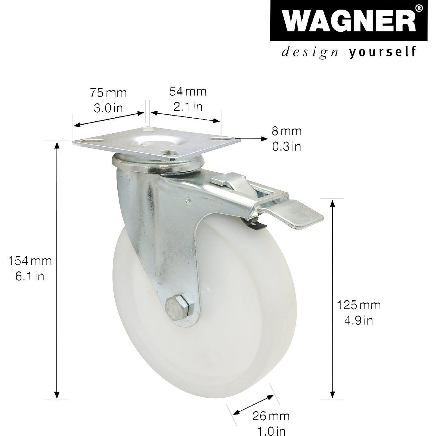 Light duty swivel castors, plastic, wheel Ø 125 mm, pack of 4, swivel castor with wheel stop.