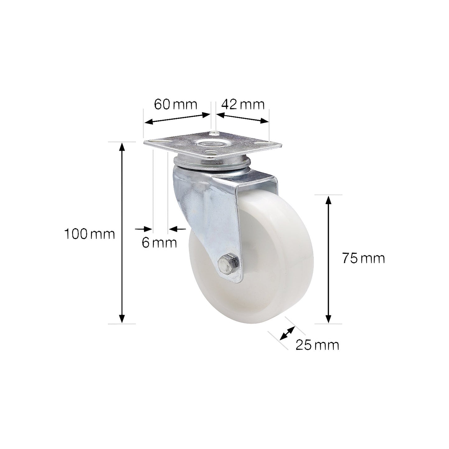 Light duty swivel castors, plastic, wheel Ø 75 mm, pack of 4, swivel castor.