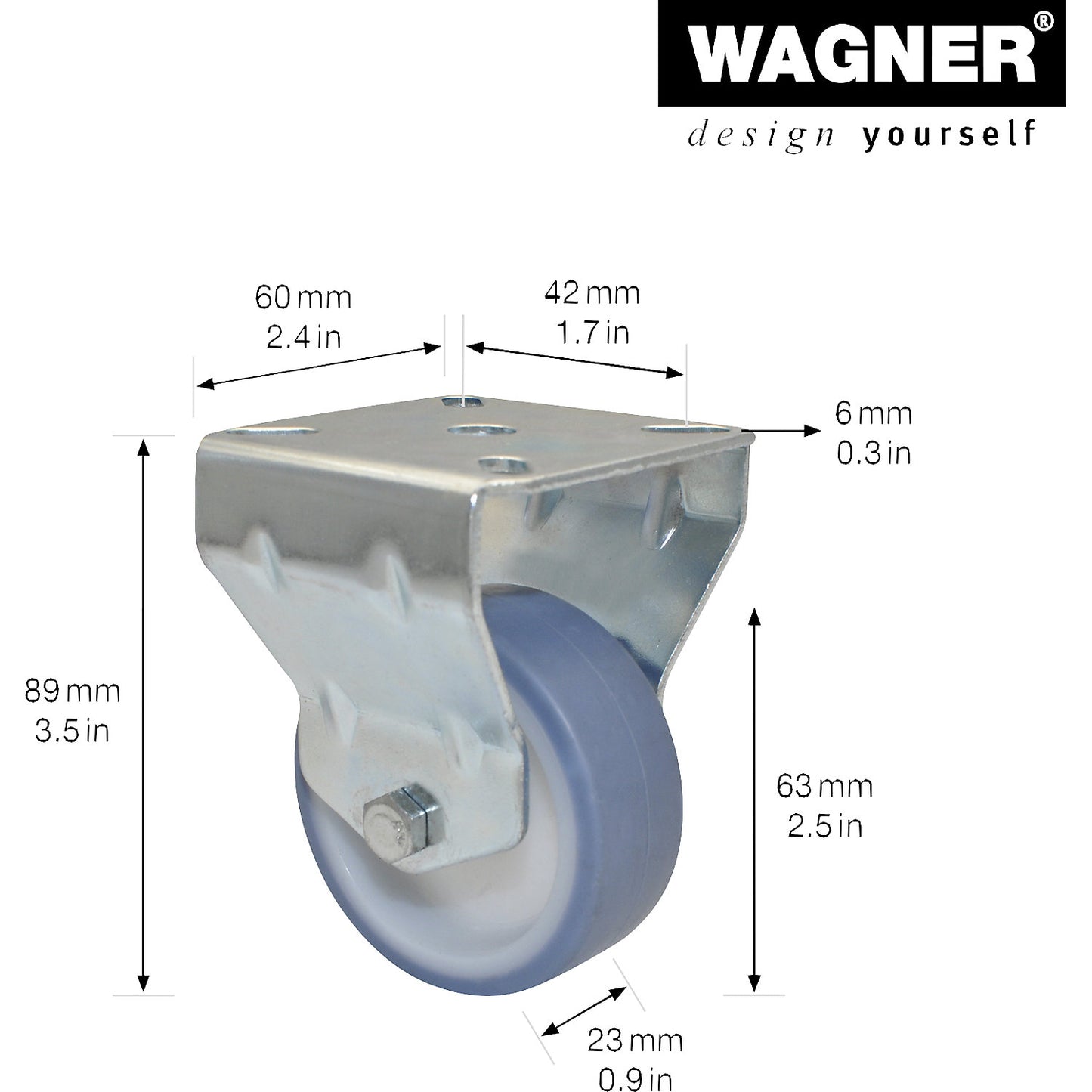 Light duty fixed castors, wheel Ø 63 mm, pack of 4, fixed castor.
