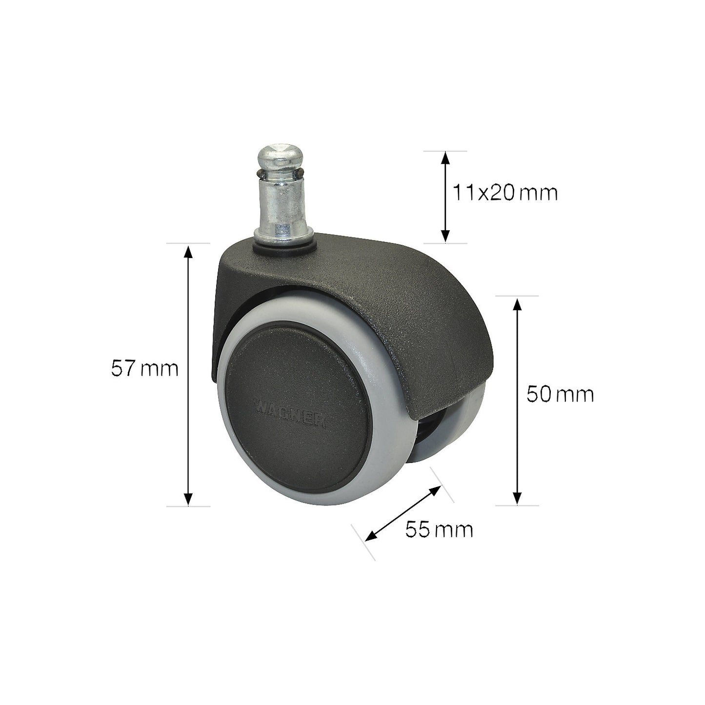 Double castor set for swivel chairs, wheel width 55 mm, Ø 50 mm, TPR.