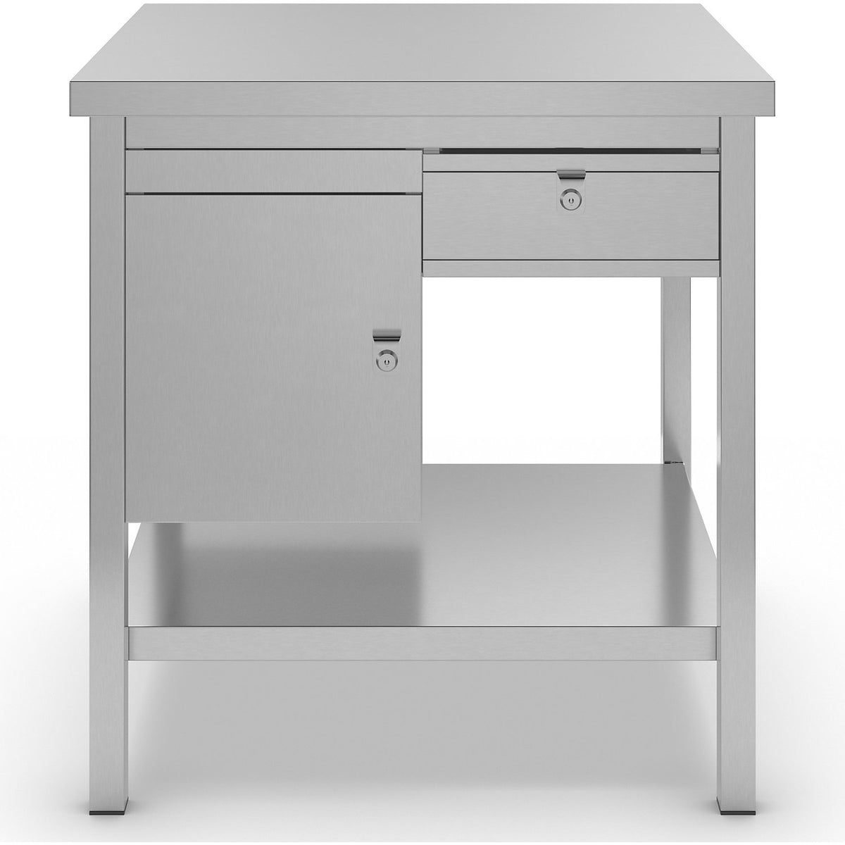 Stainless steel work table, 1 base cupboard, 1 drawer, 1 full length shelf, width 800 mm.