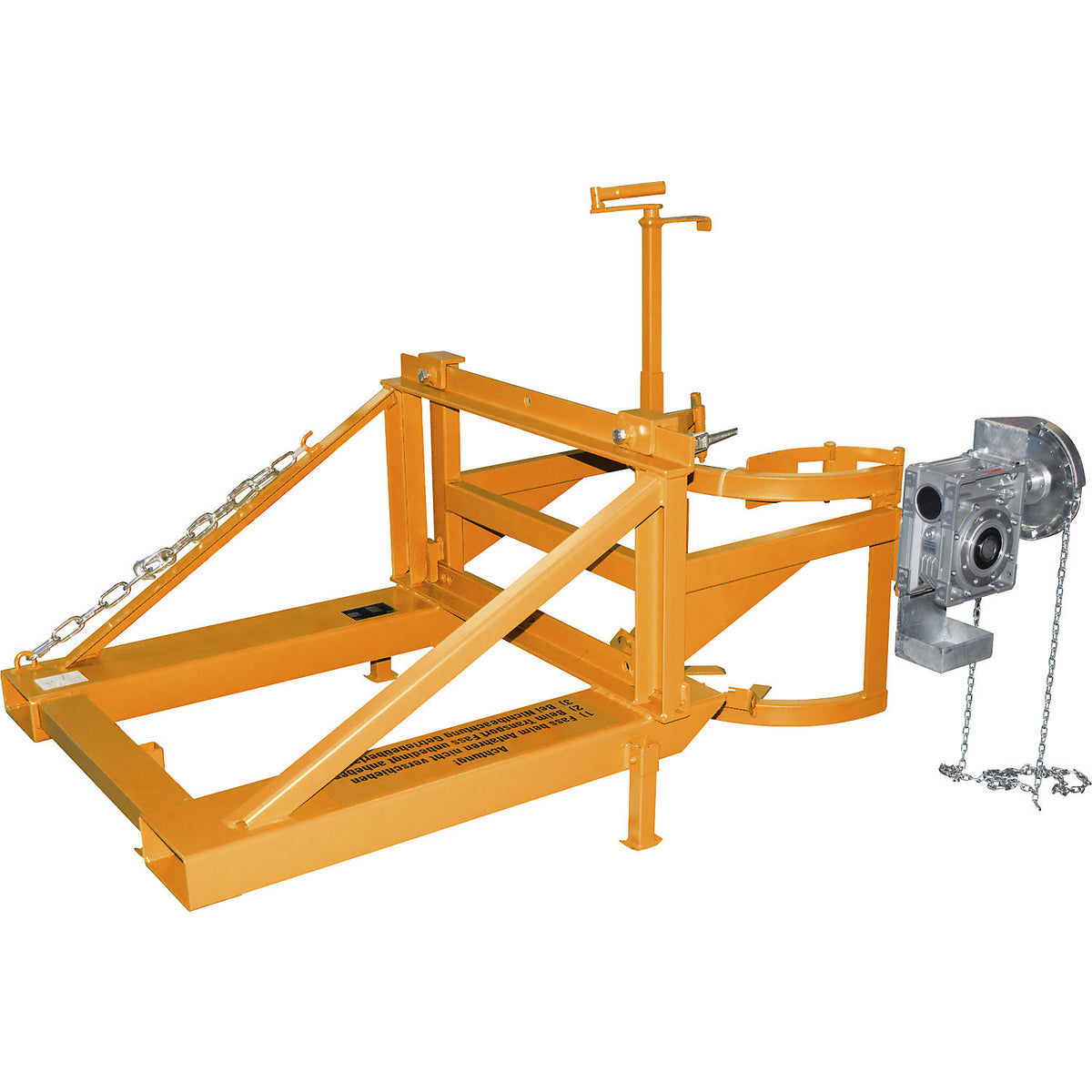 Drum tipper, with rotary mechanism and chain loop, yellow orange.