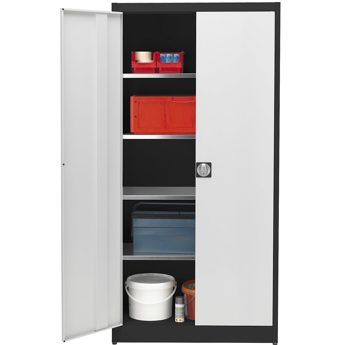 Storage cupboard, HxW 1950 x 950 mm, depth 420 mm, graphite black housing, light grey doors.