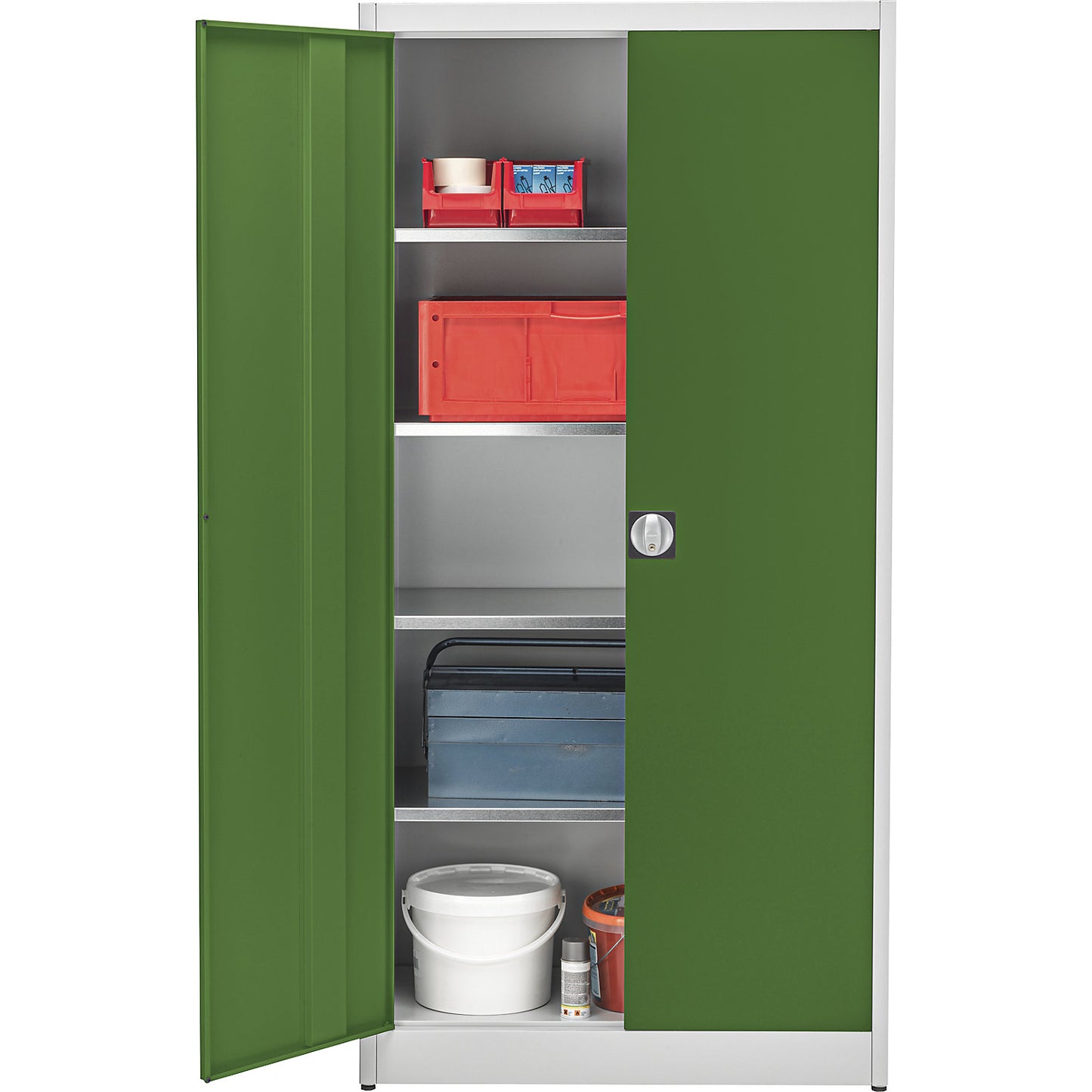 Storage cupboard, HxW 1950 x 950 mm, depth 420 mm, housing light grey, doors reseda green.
