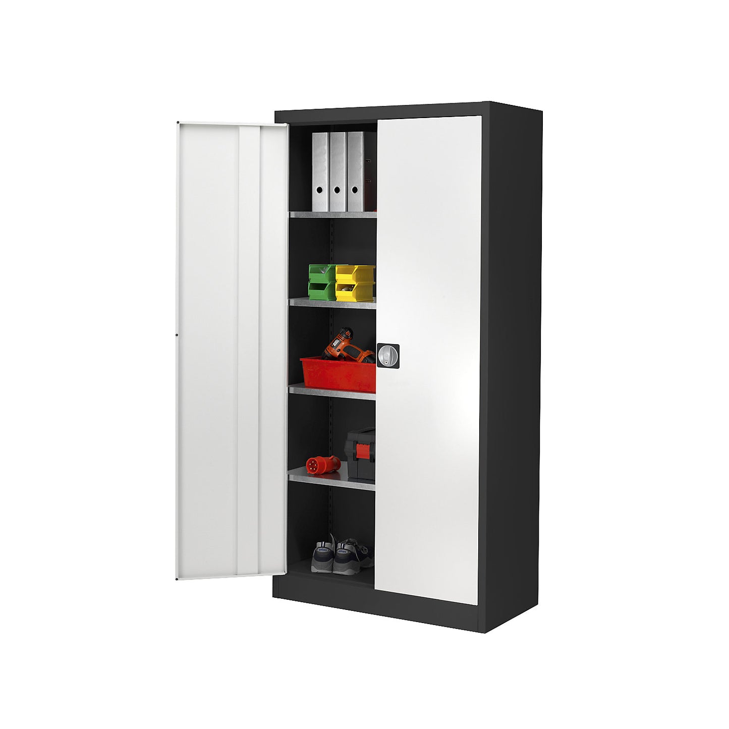 Storage cupboard, HxW 1950 x 950 mm, depth 500 mm, graphite black housing, light grey doors.