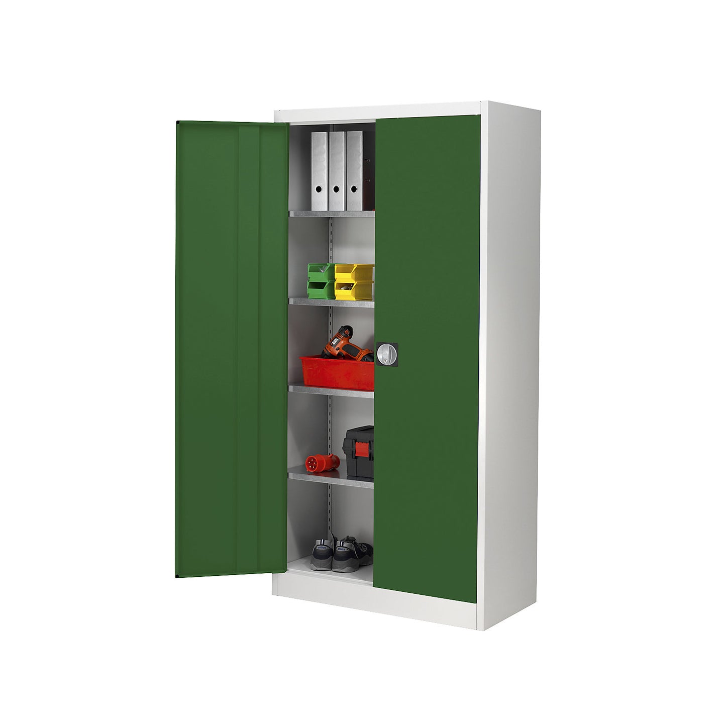 Storage cupboard, HxW 1950 x 950 mm, depth 500 mm, housing light grey, doors reseda green.