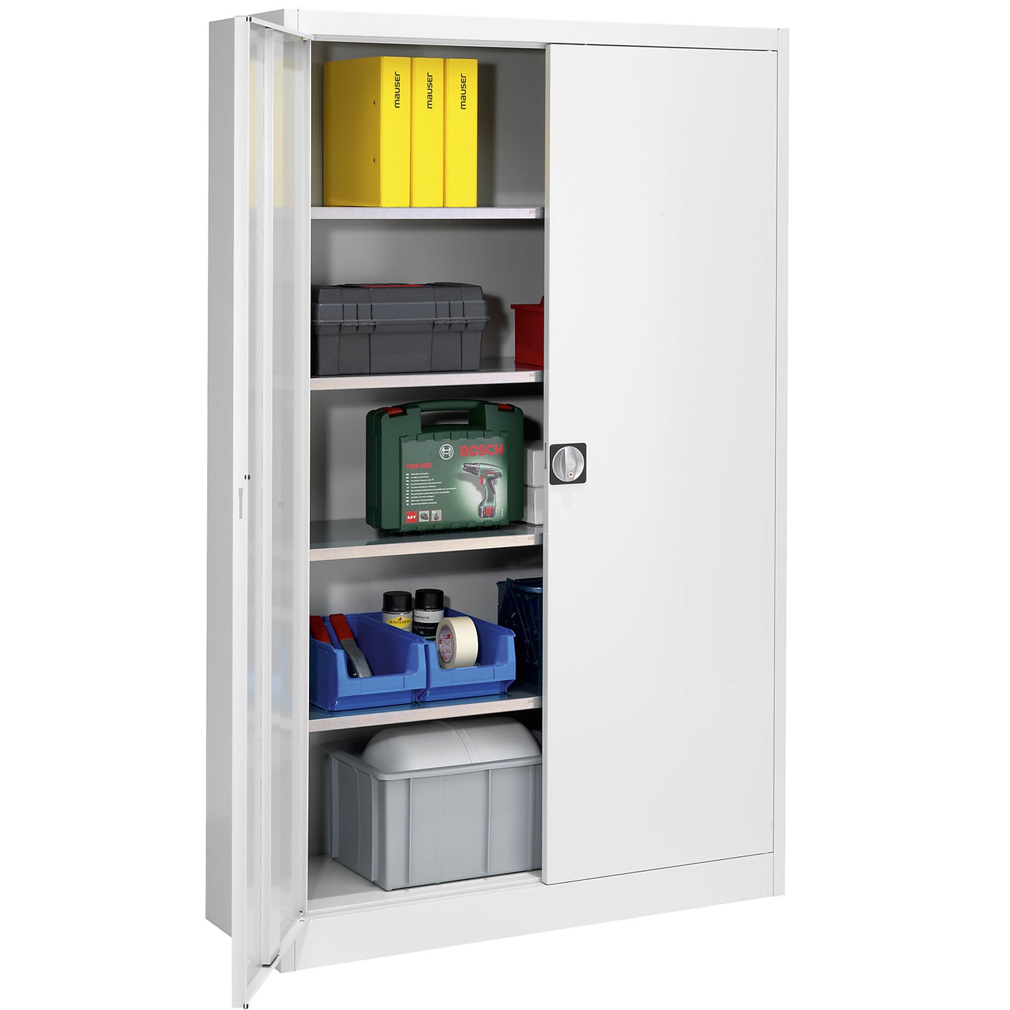 Storage cupboard, HxWxD 1950 x 1200 x 420 mm, light grey.