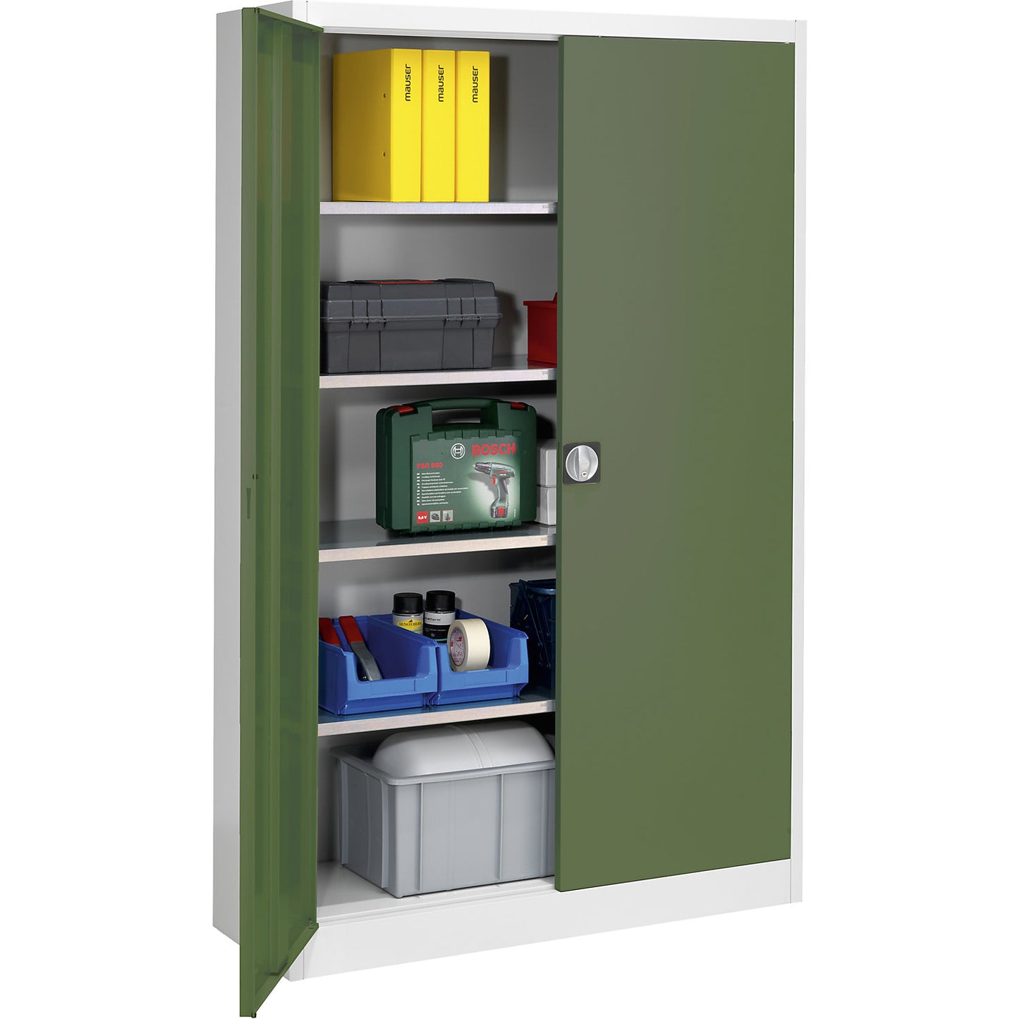 Storage cupboard, HxWxD 1950 x 1200 x 420 mm, light grey / reseda green.