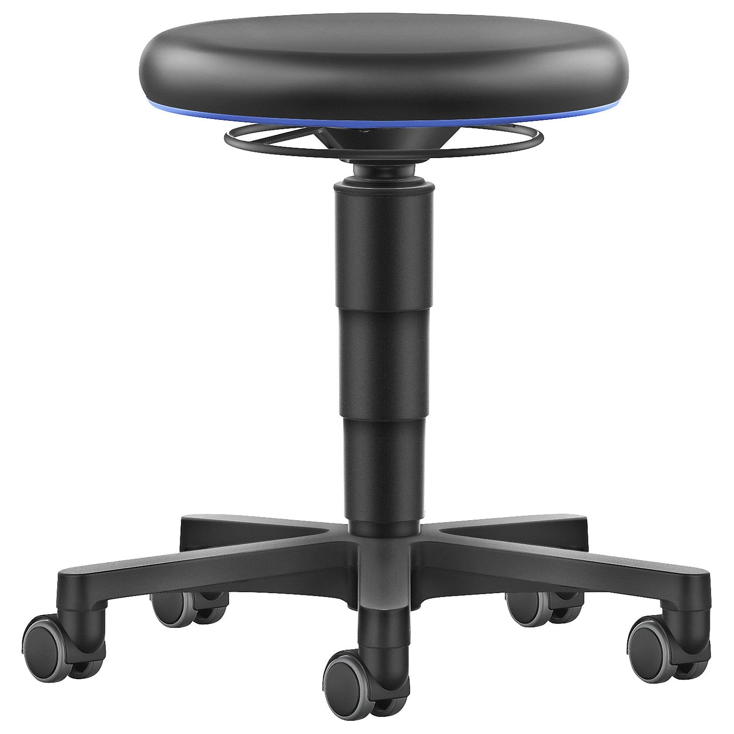 Allround stool, with castors, vinyl, colour ring in blue.