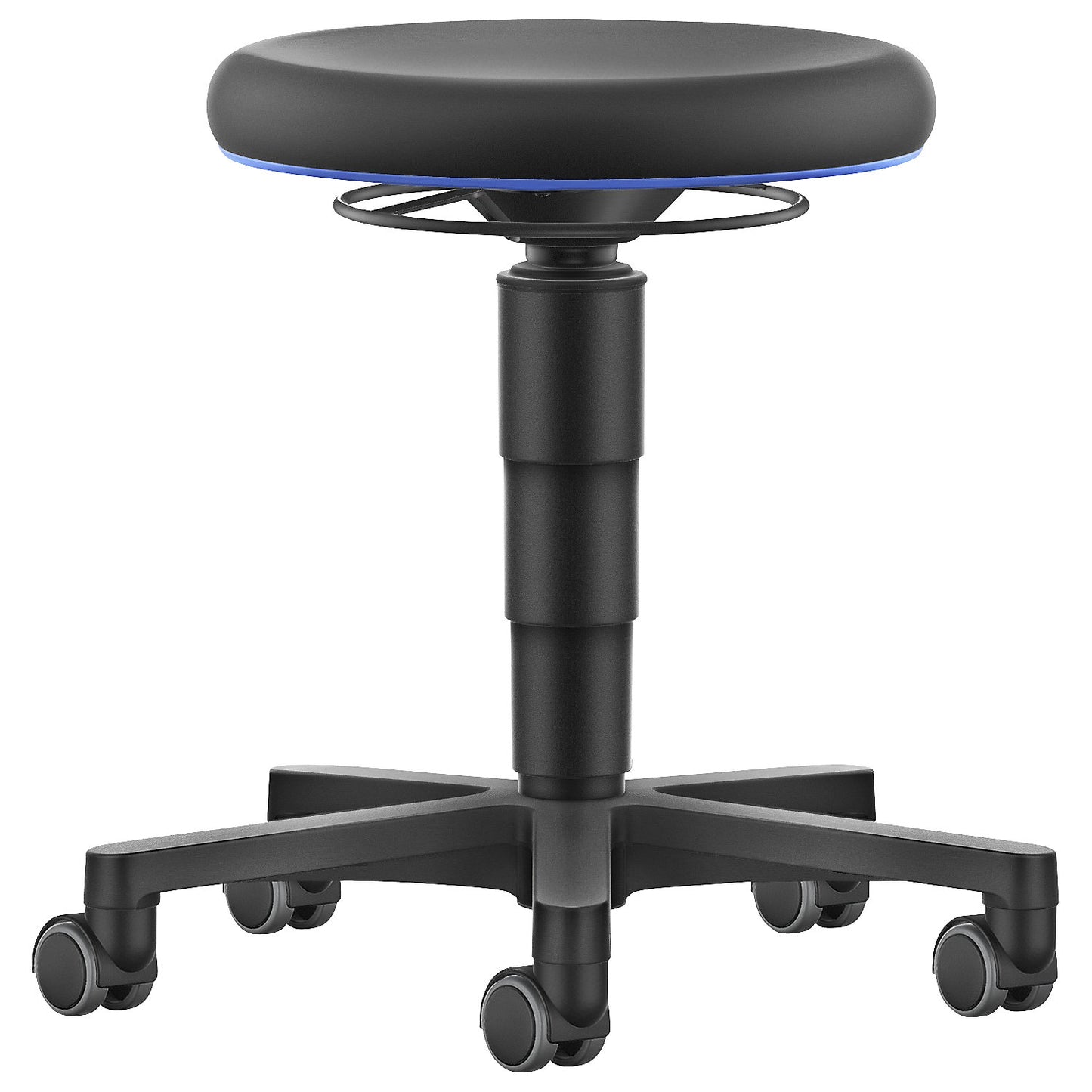 Allround stool, with castors, skintec, colour ring in blue.